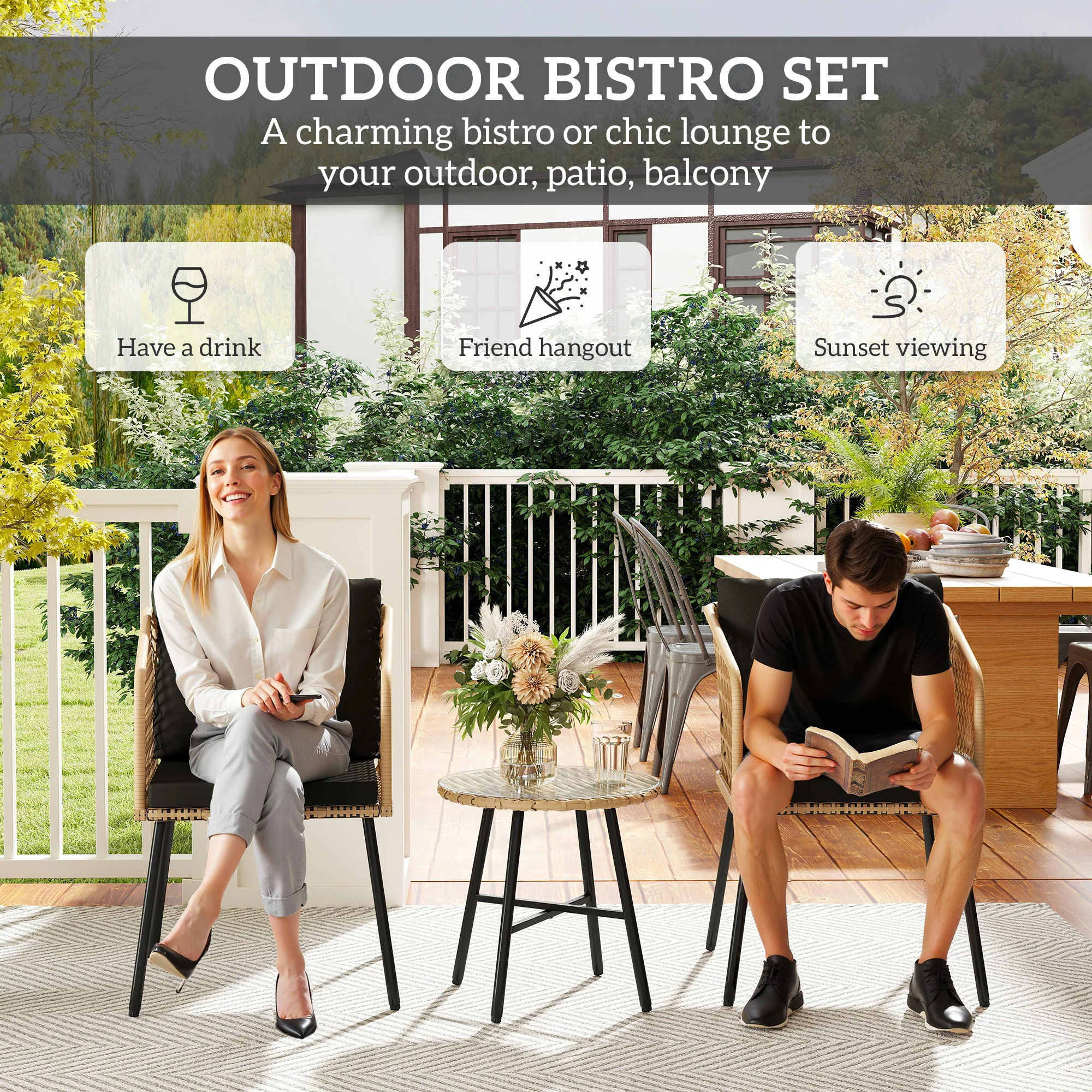 Outsunny 3 Piece Rattan Bistro Set With Cushions - Image 12