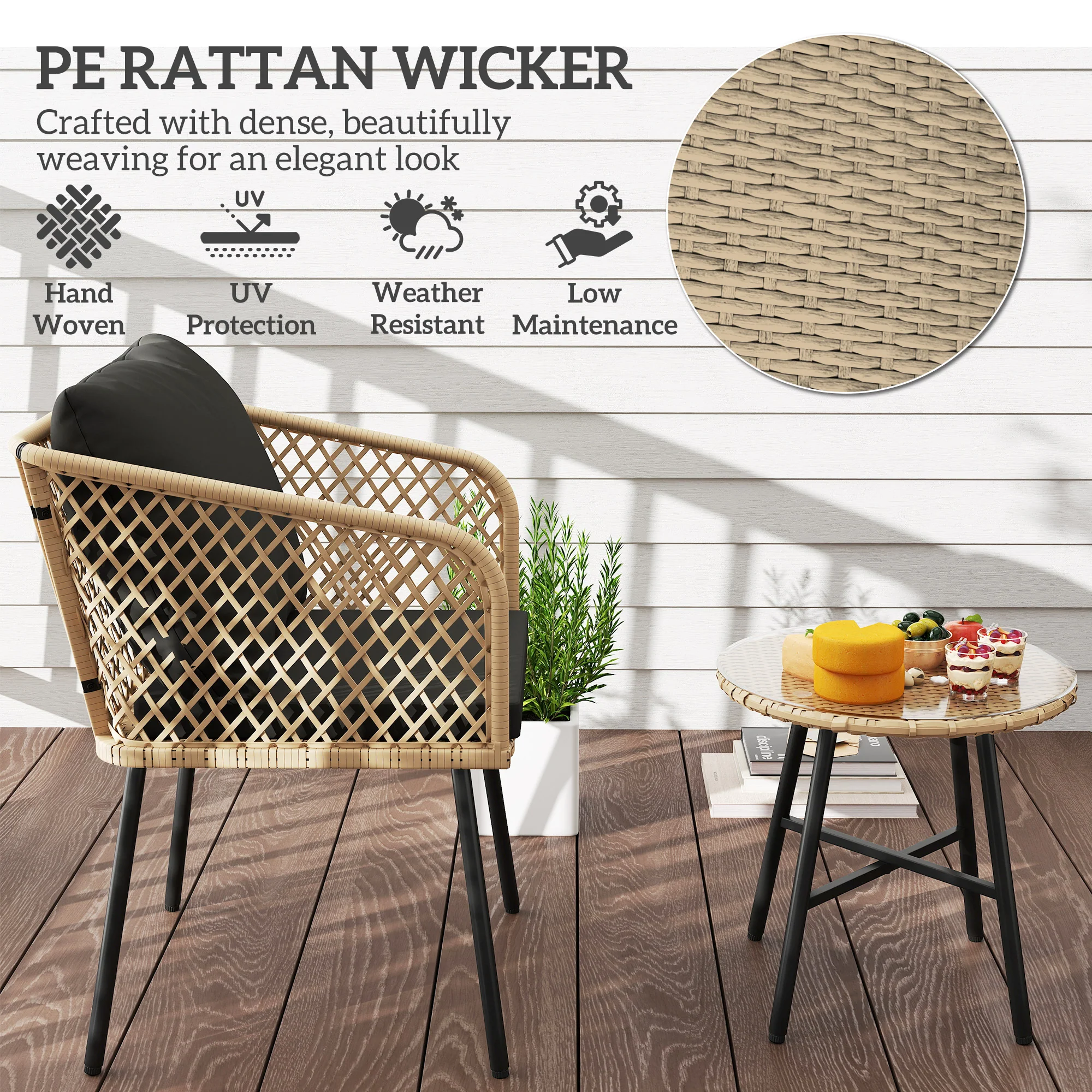 Outsunny 3 Piece Rattan Bistro Set With Cushions - Image 13