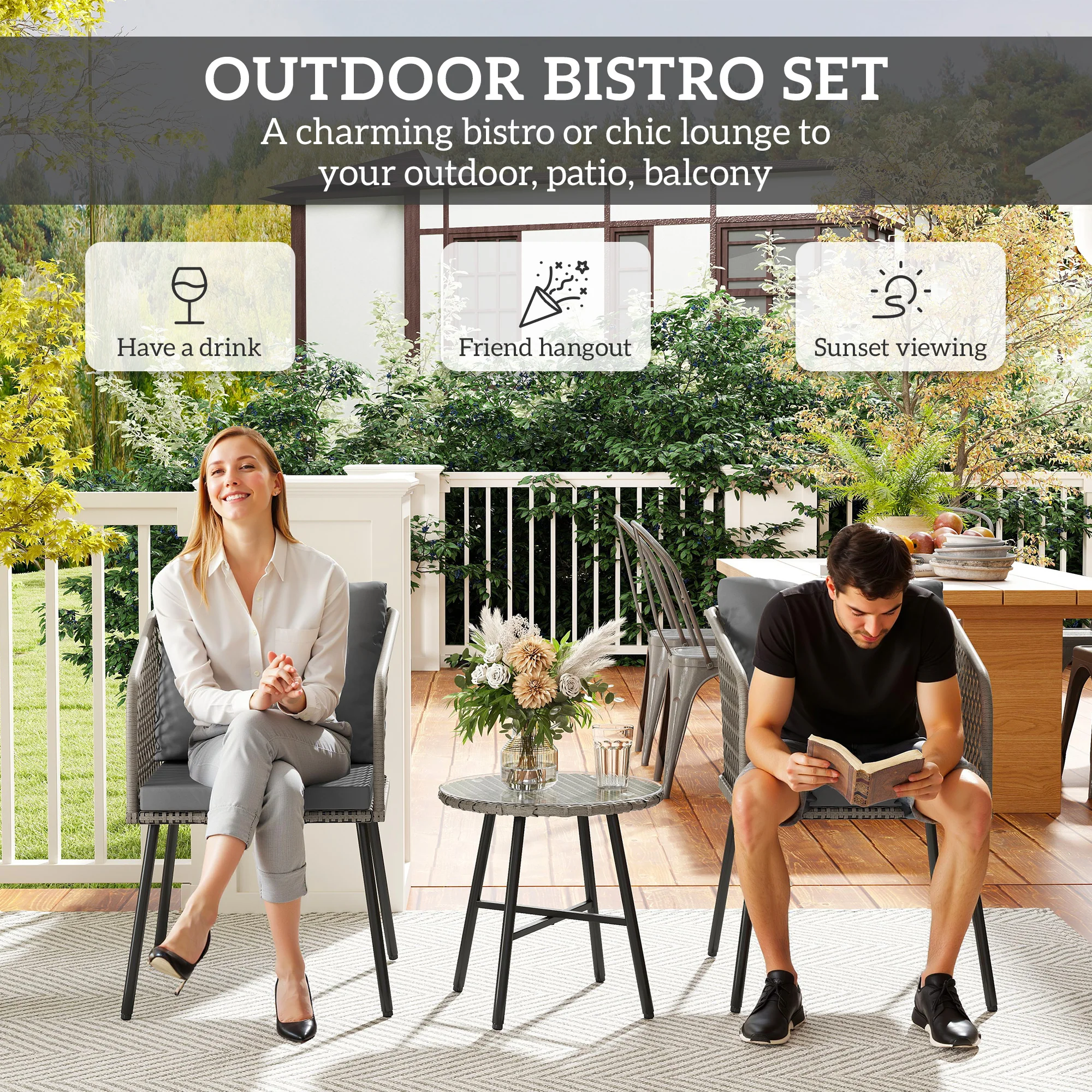 Outsunny 3 Piece Rattan Bistro Set With Cushions - Image 3