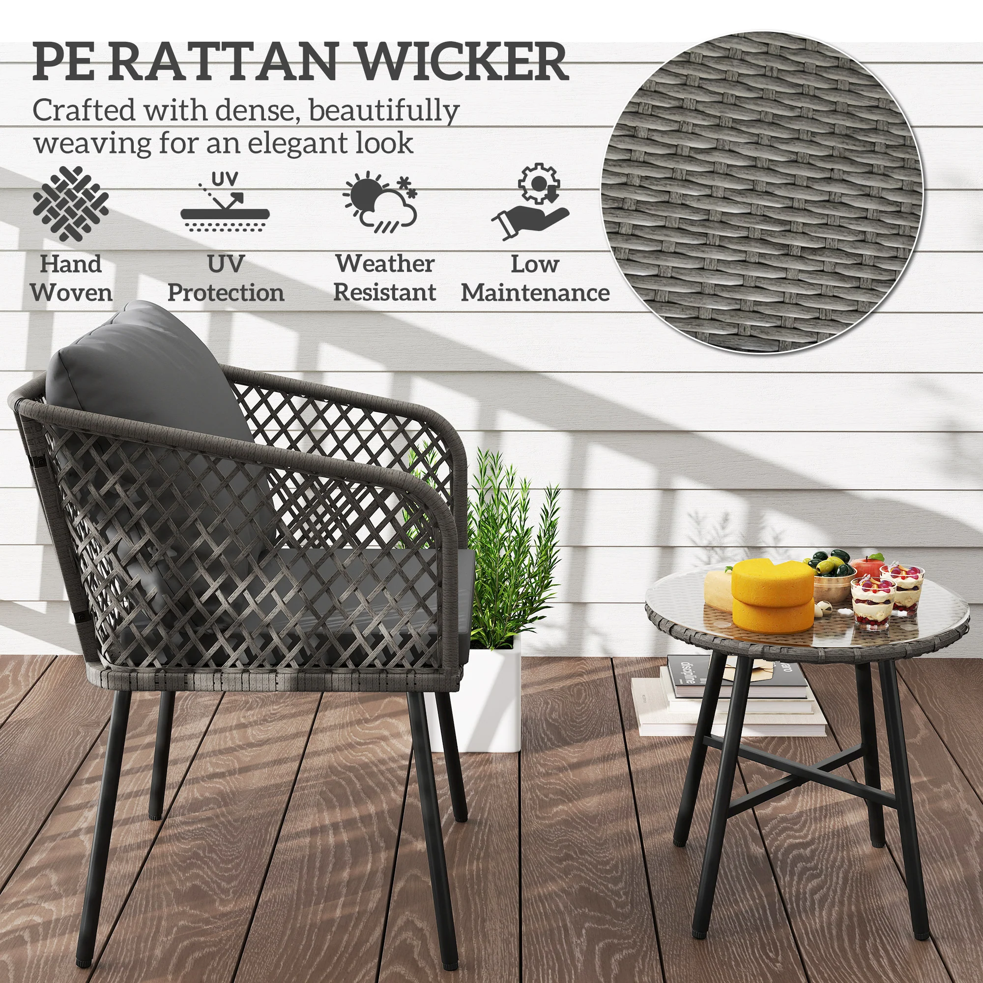 Outsunny 3 Piece Rattan Bistro Set With Cushions - Image 4