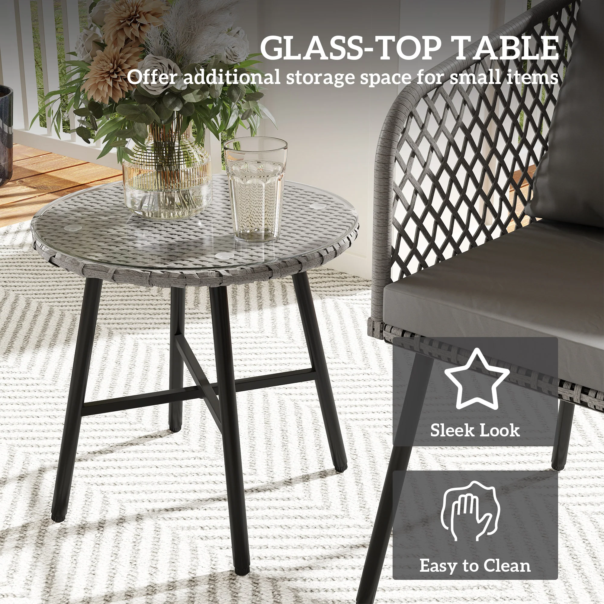Outsunny 3 Piece Rattan Bistro Set With Cushions - Image 7