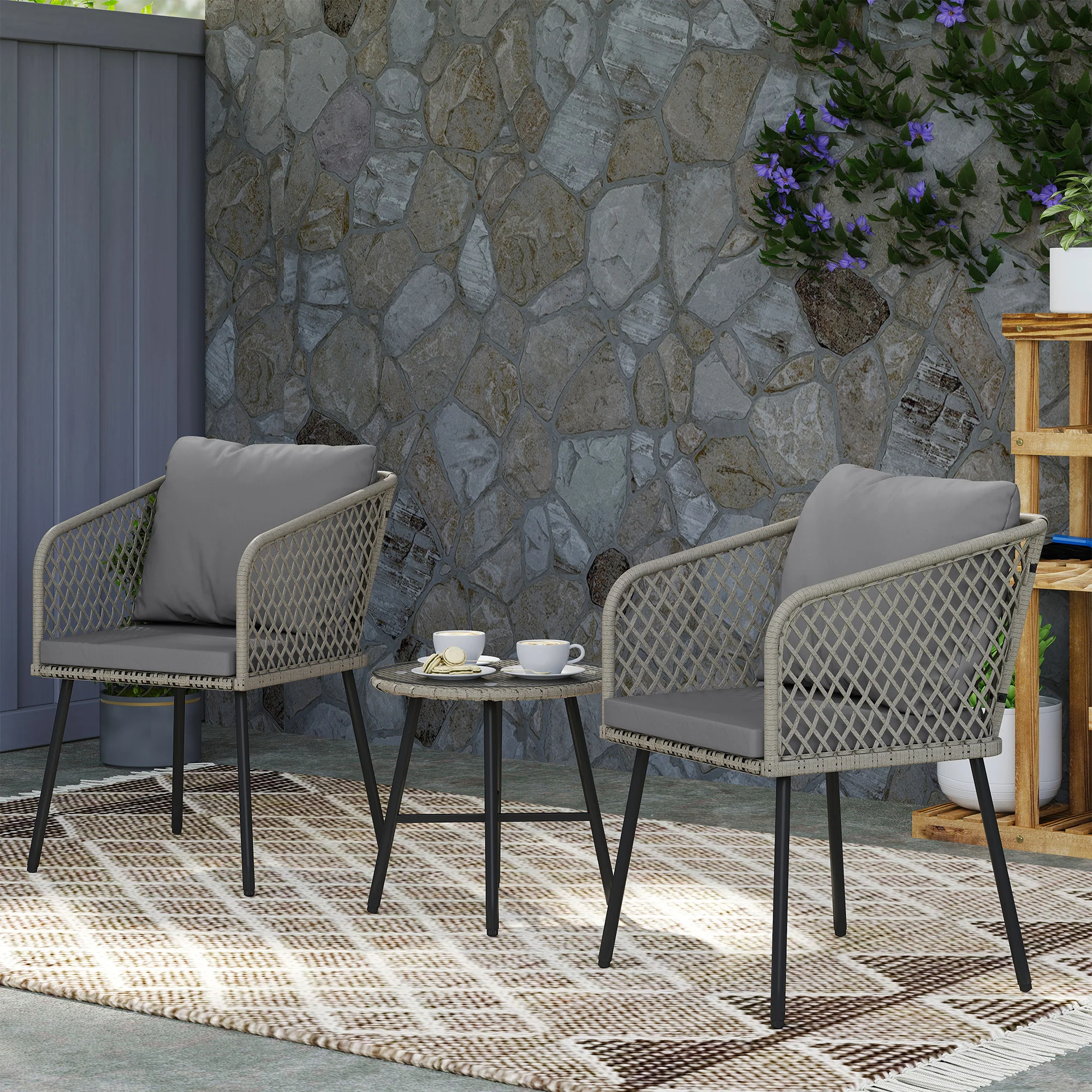 Outsunny 3 Piece Rattan Bistro Set With Cushions - Image 8