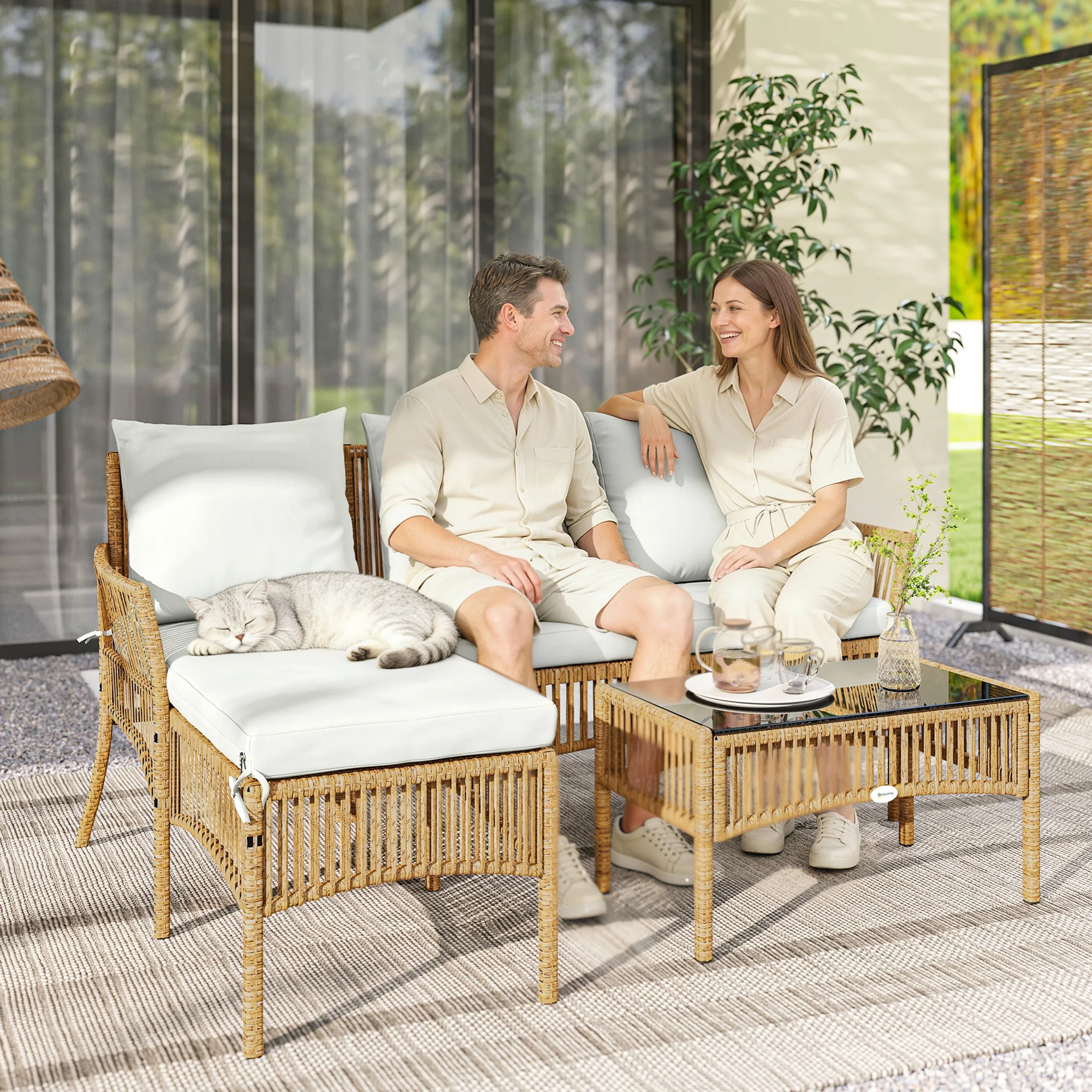 Outsunny 3 Piece Rattan Garden Furniture Set With Cushions, Natural Wood - Image 2