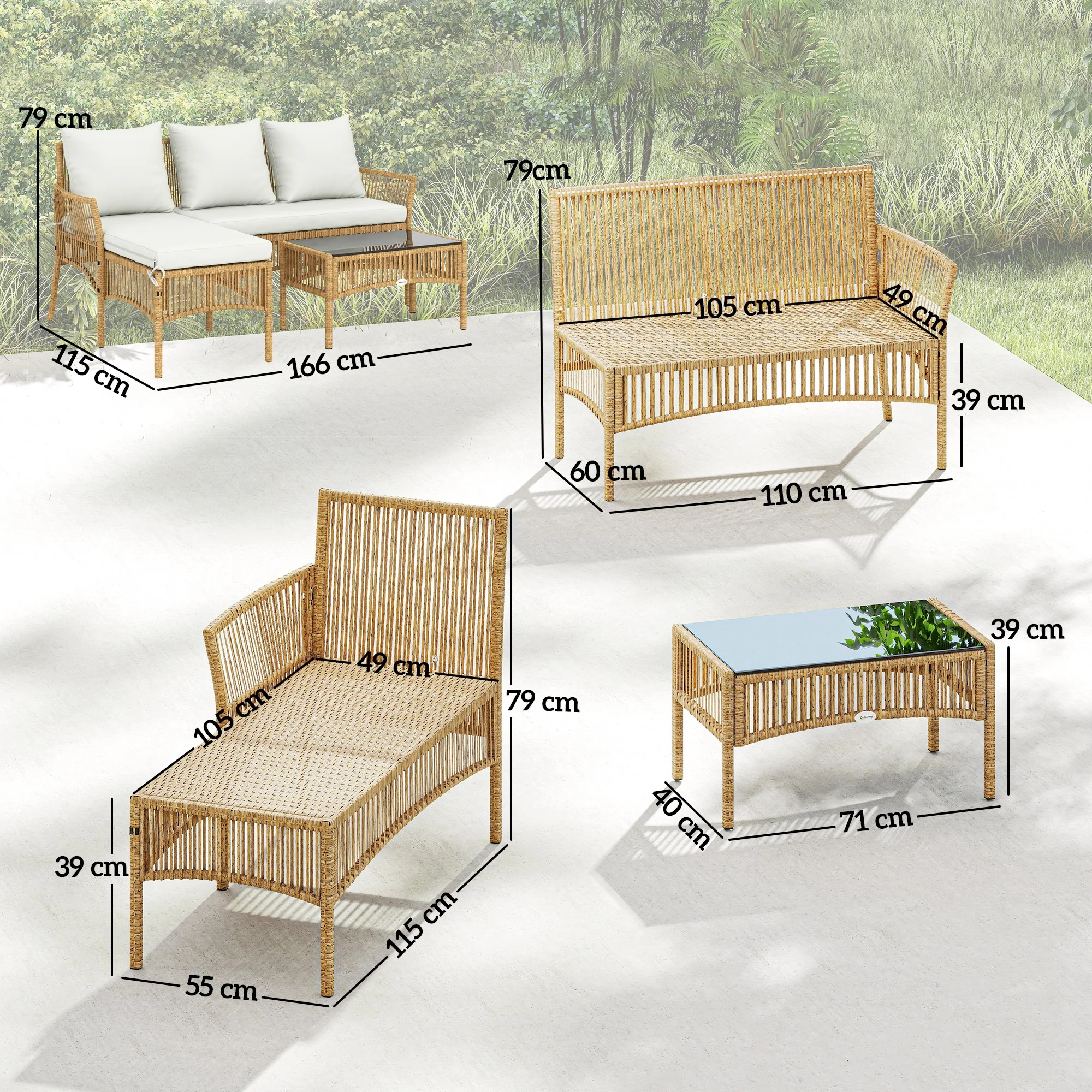 Outsunny 3 Piece Rattan Garden Furniture Set With Cushions, Natural Wood - Image 3