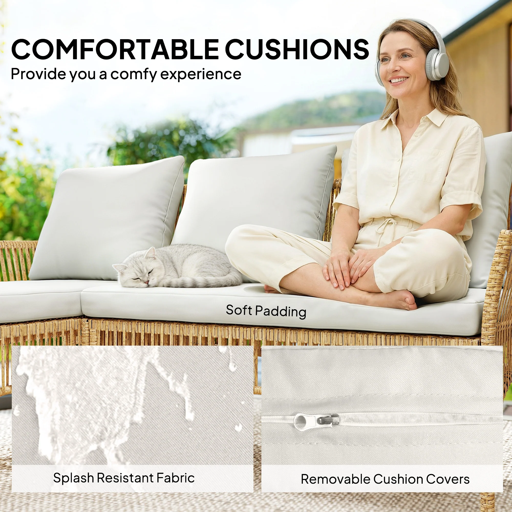 Outsunny 3 Piece Rattan Garden Furniture Set With Cushions, Natural Wood - Image 6