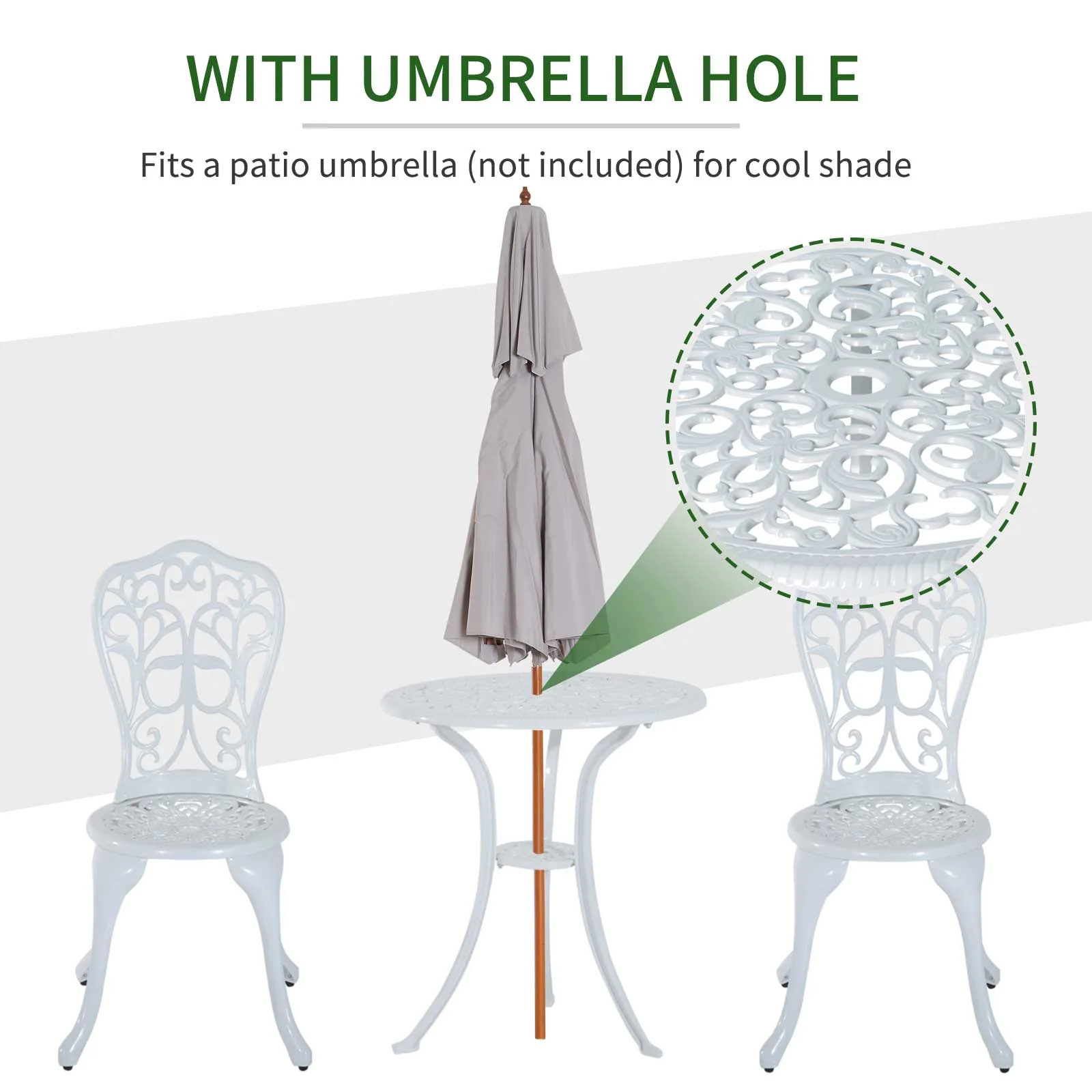 Outsunny 3 Pieces Antique Garden Bistro Set For 2 With Umbrella Hole, White - Image 3