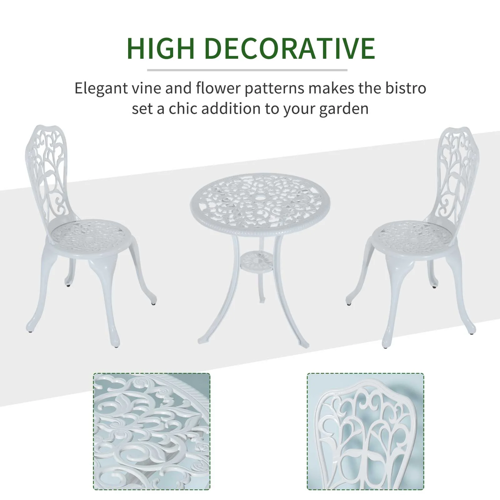 Outsunny 3 Pieces Antique Garden Bistro Set For 2 With Umbrella Hole, White - Image 4