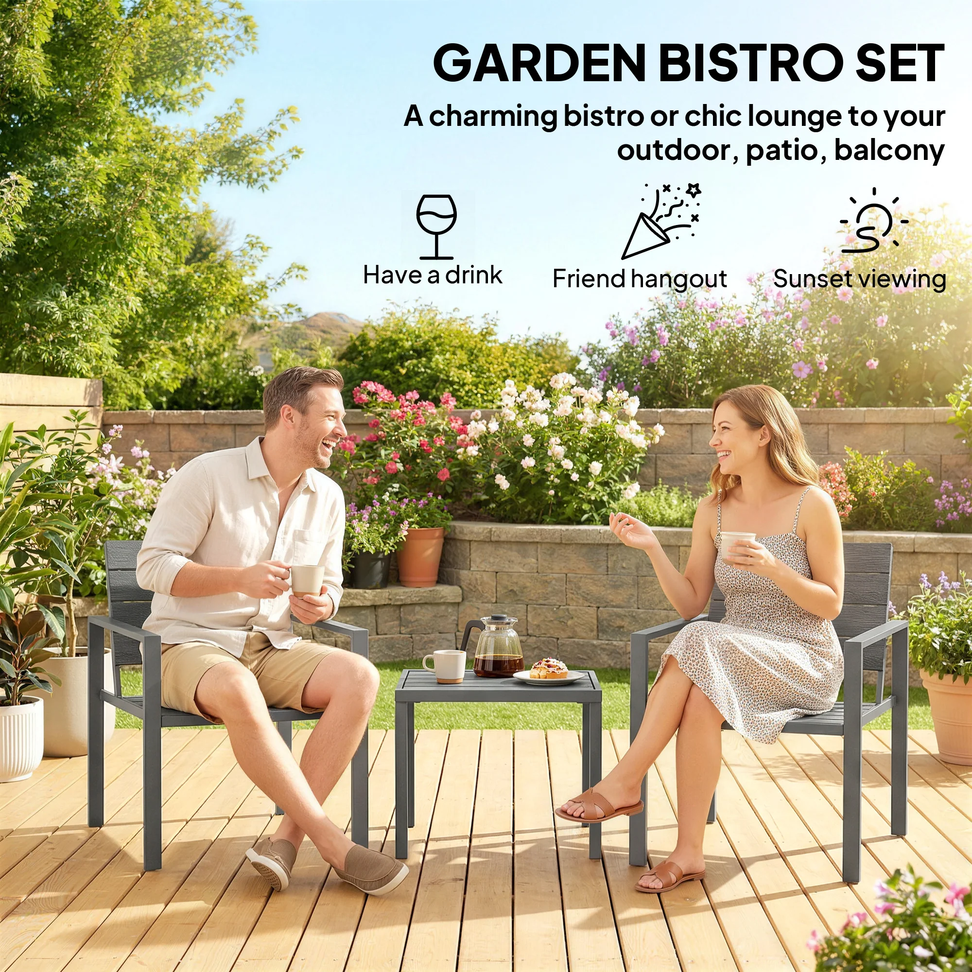 Outsunny 3 Pieces Garden Bistro Set for 2, Outdoor Bistro Table and Chairs - Image 4