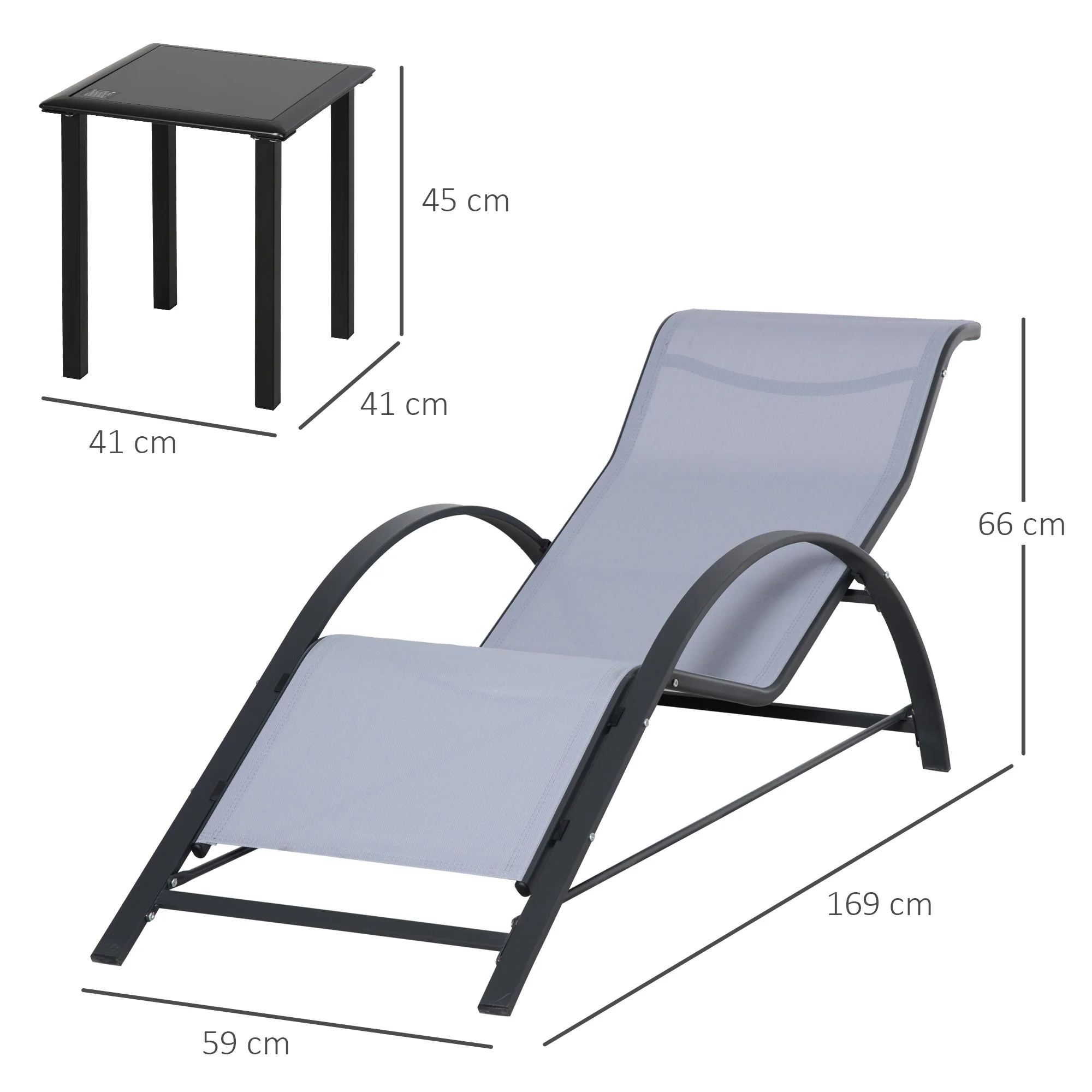Outsunny 3 Pieces Lounge Chair Set Garden Outdoor Recliner Sunbathing Chair with Table, Light Grey - Image 2