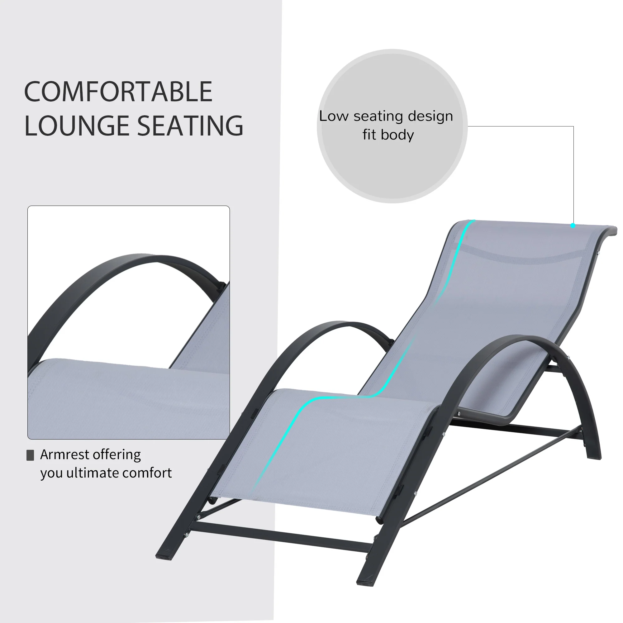 Outsunny 3 Pieces Lounge Chair Set Garden Outdoor Recliner Sunbathing Chair with Table, Light Grey - Image 3
