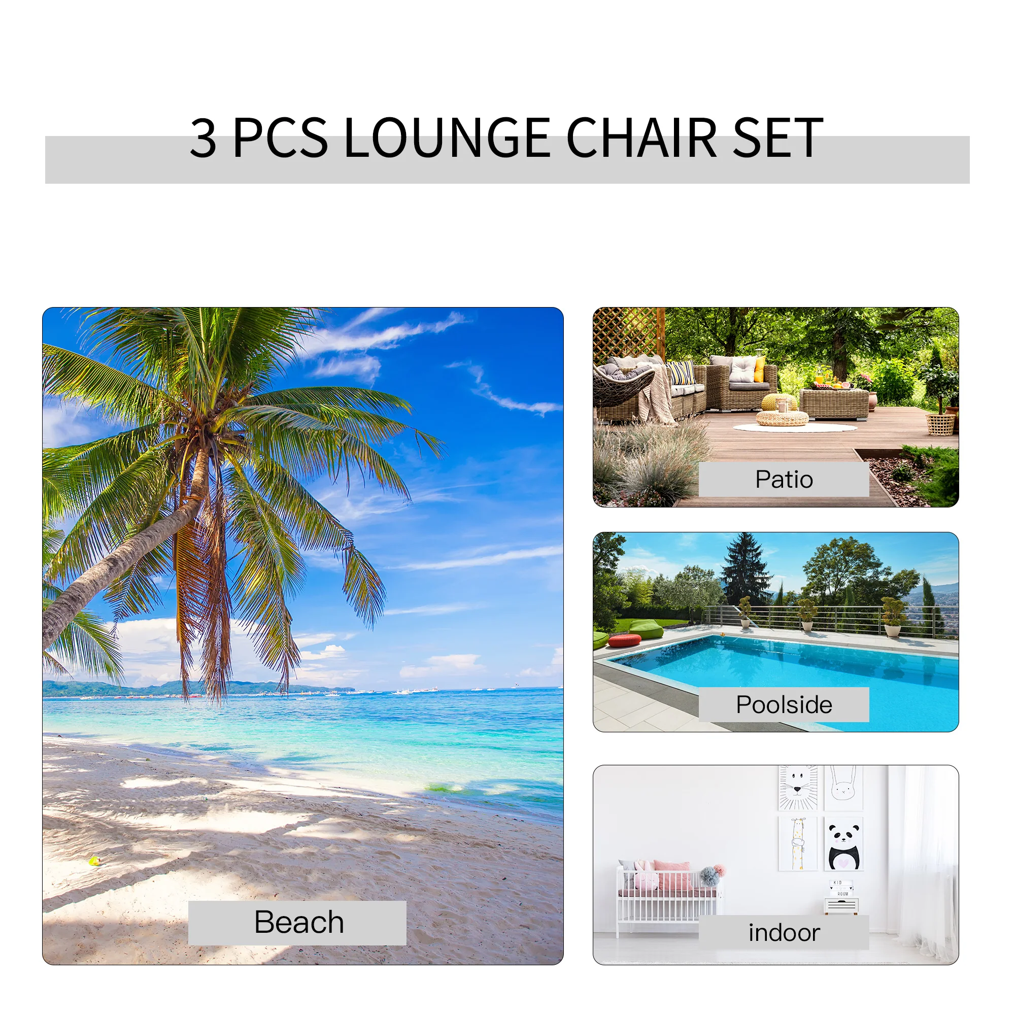 Outsunny 3 Pieces Lounge Chair Set Garden Outdoor Recliner Sunbathing Chair with Table, Light Grey - Image 6
