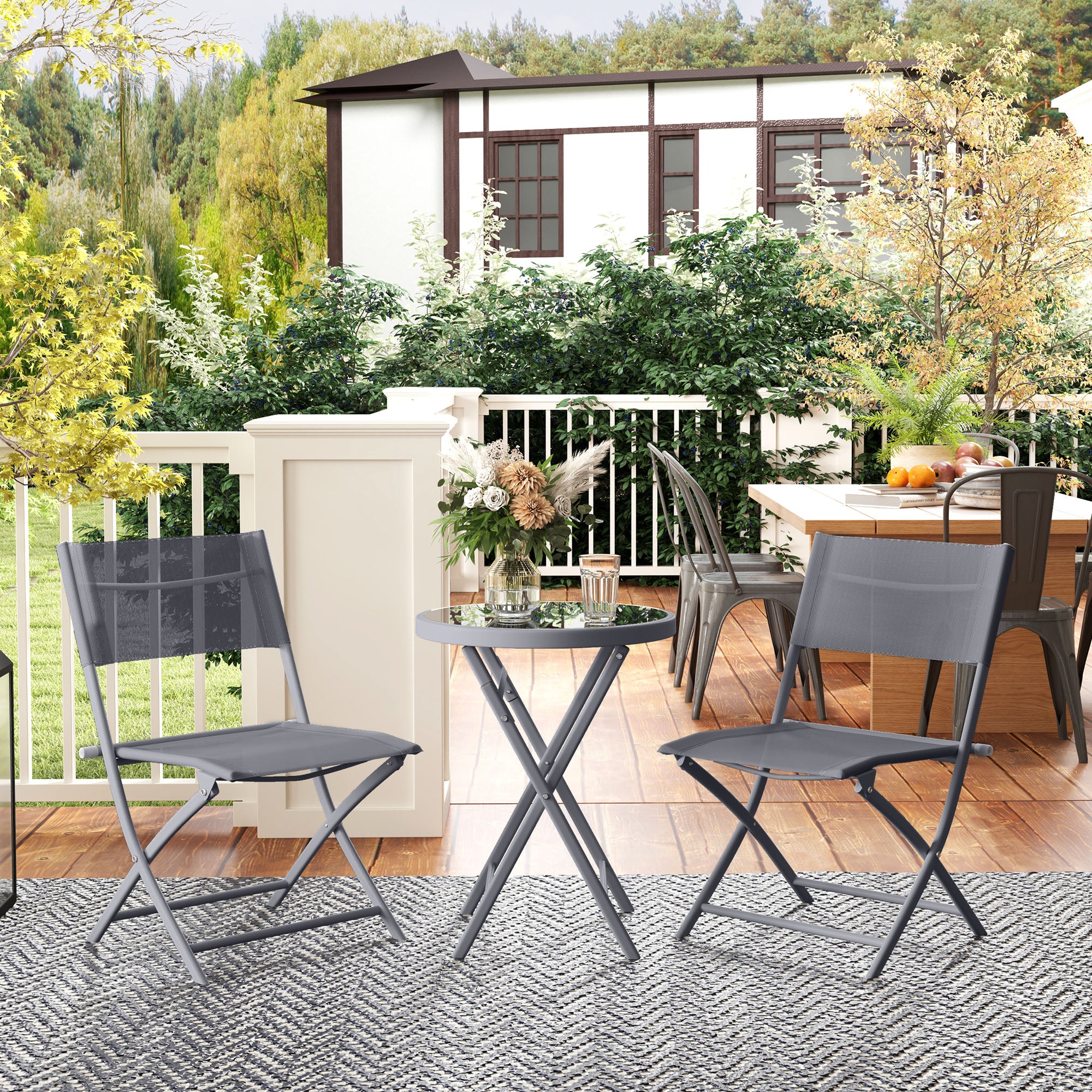 Outsunny 3 Pieces Outdoor Bistro Set, Glass Top Table And Chairs, Grey - Image 2