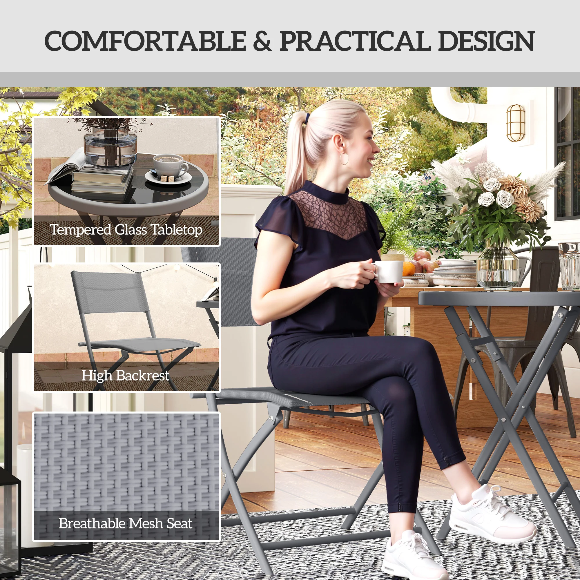 Outsunny 3 Pieces Outdoor Bistro Set, Glass Top Table And Chairs, Grey - Image 6
