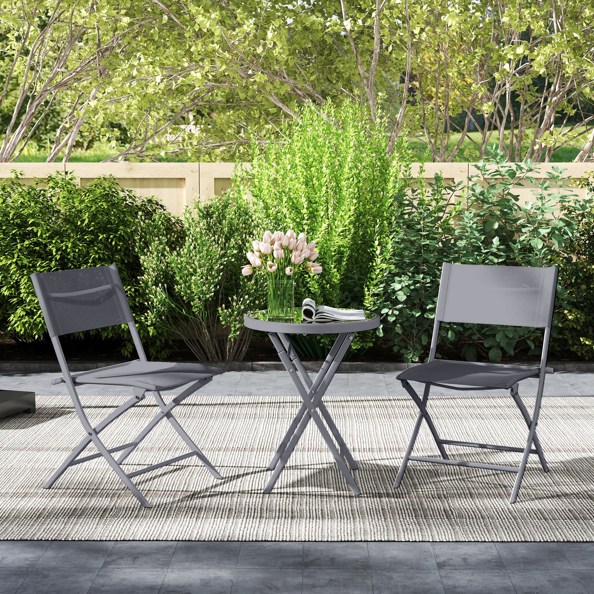 Outsunny 3 Pieces Outdoor Bistro Set, Glass Top Table And Chairs, Grey - Image 9