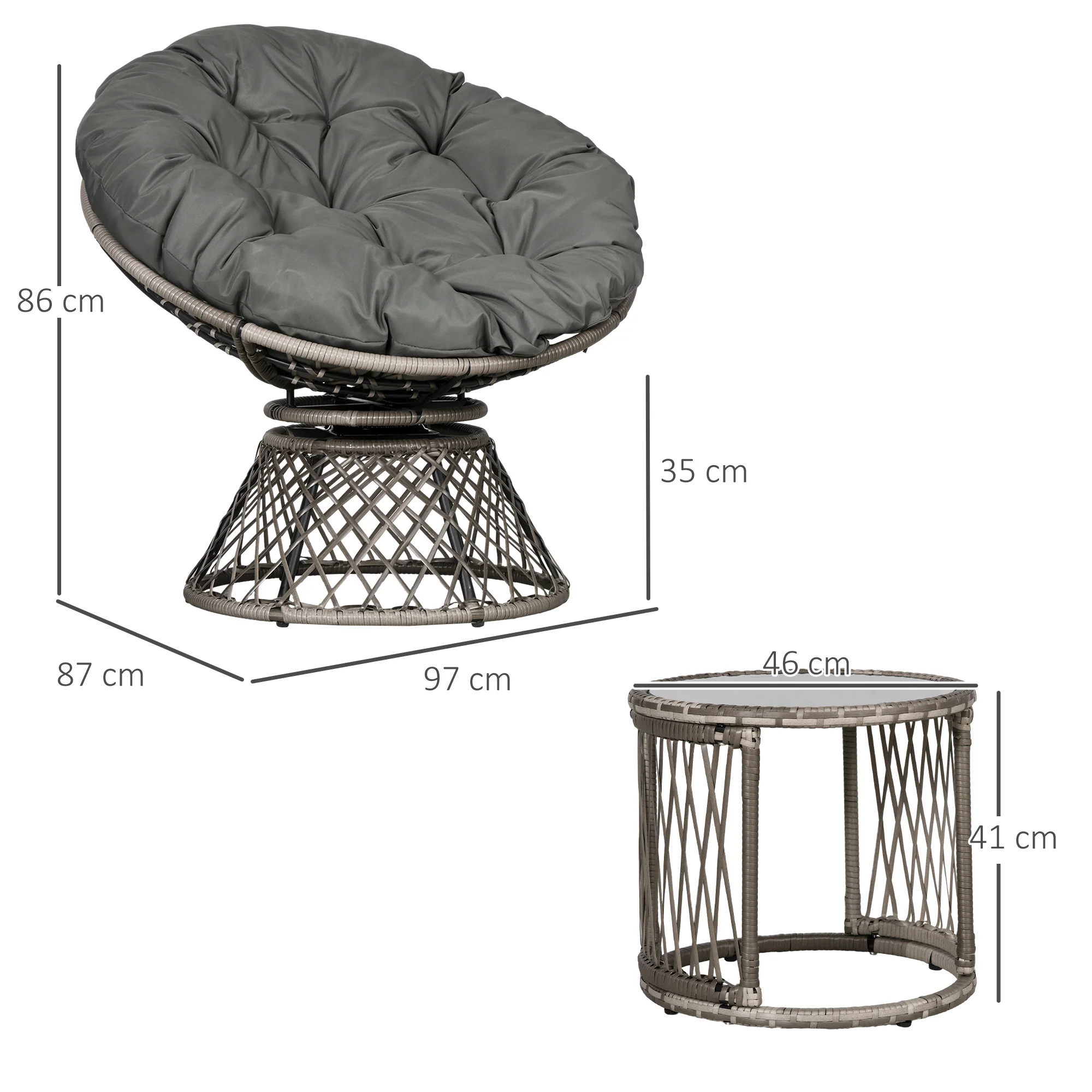 Outsunny 3 Pieces Outdoor Rattan Bistro Set with 360° Swivel Chair and Cushions - Image 5