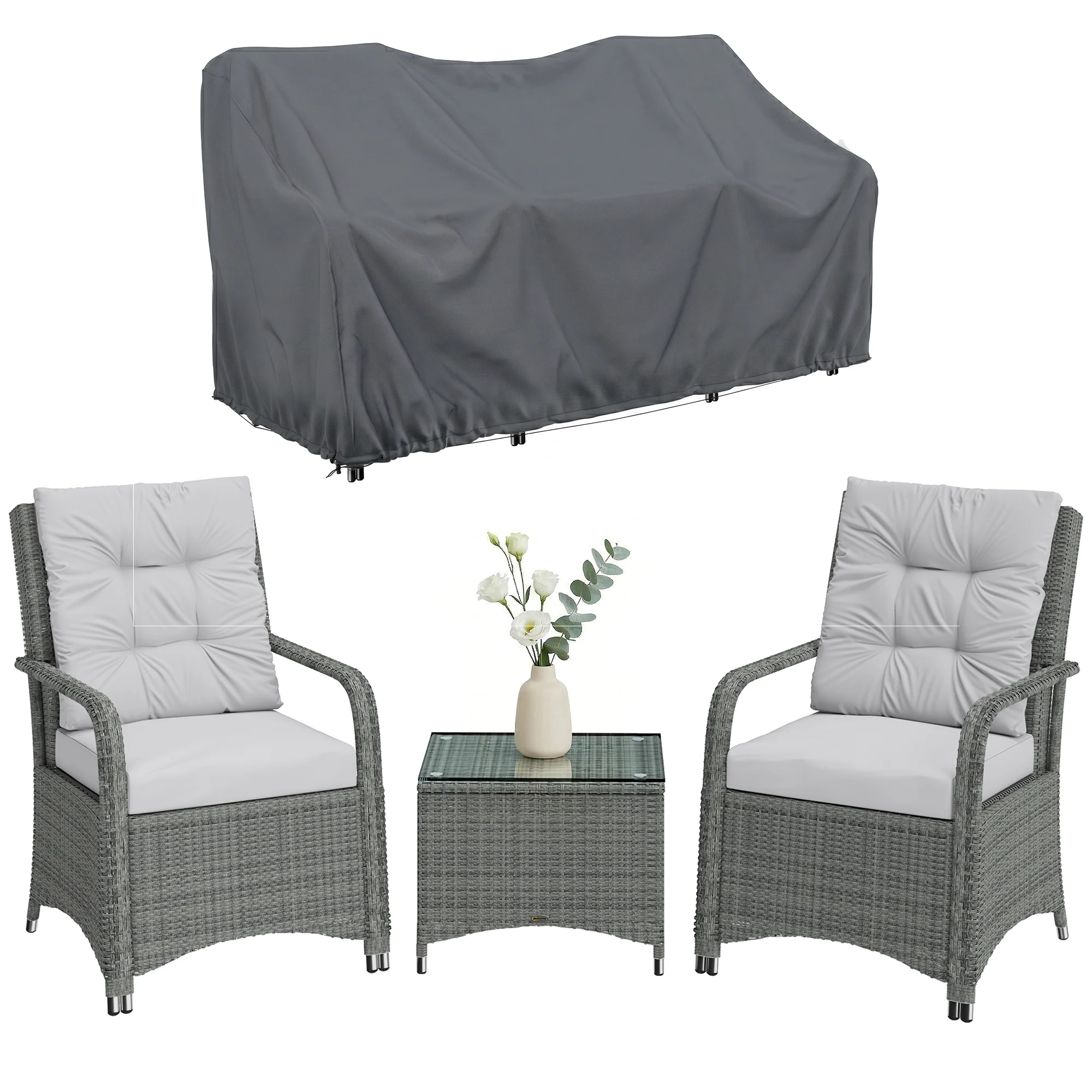 Outsunny 3 Pieces Rattan Bistro Set, Wicker Garden Furniture Set, Light Grey