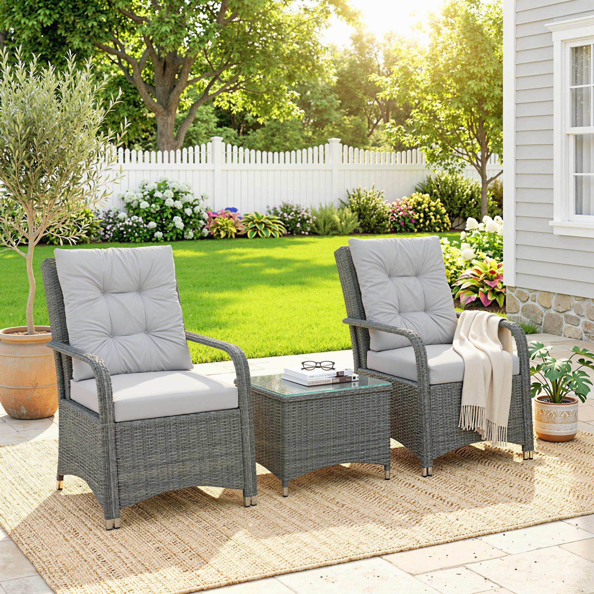 Outsunny 3 Pieces Rattan Bistro Set, Wicker Garden Furniture Set, Light Grey - Image 2