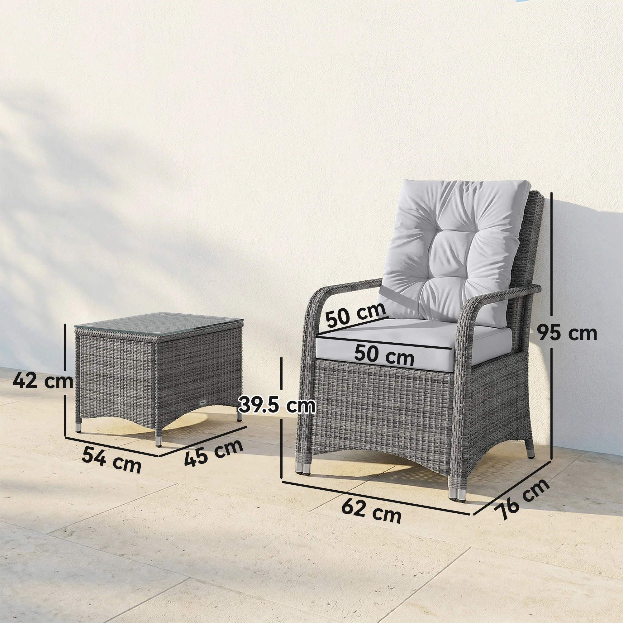 Outsunny 3 Pieces Rattan Bistro Set, Wicker Garden Furniture Set, Light Grey - Image 5