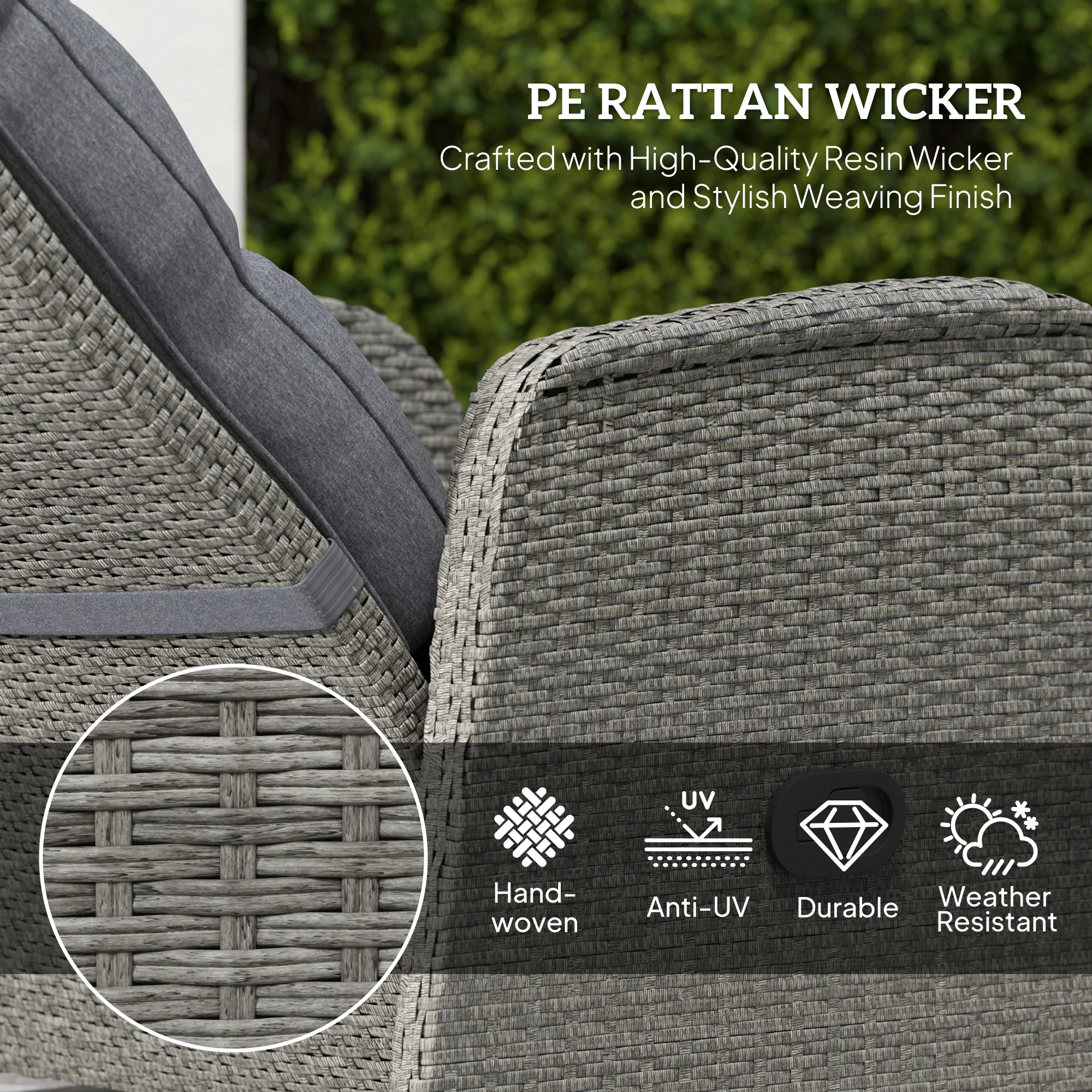 Outsunny 3 Pieces Rattan Bistro Set with Cushions for Outdoor, Grey - Image 3