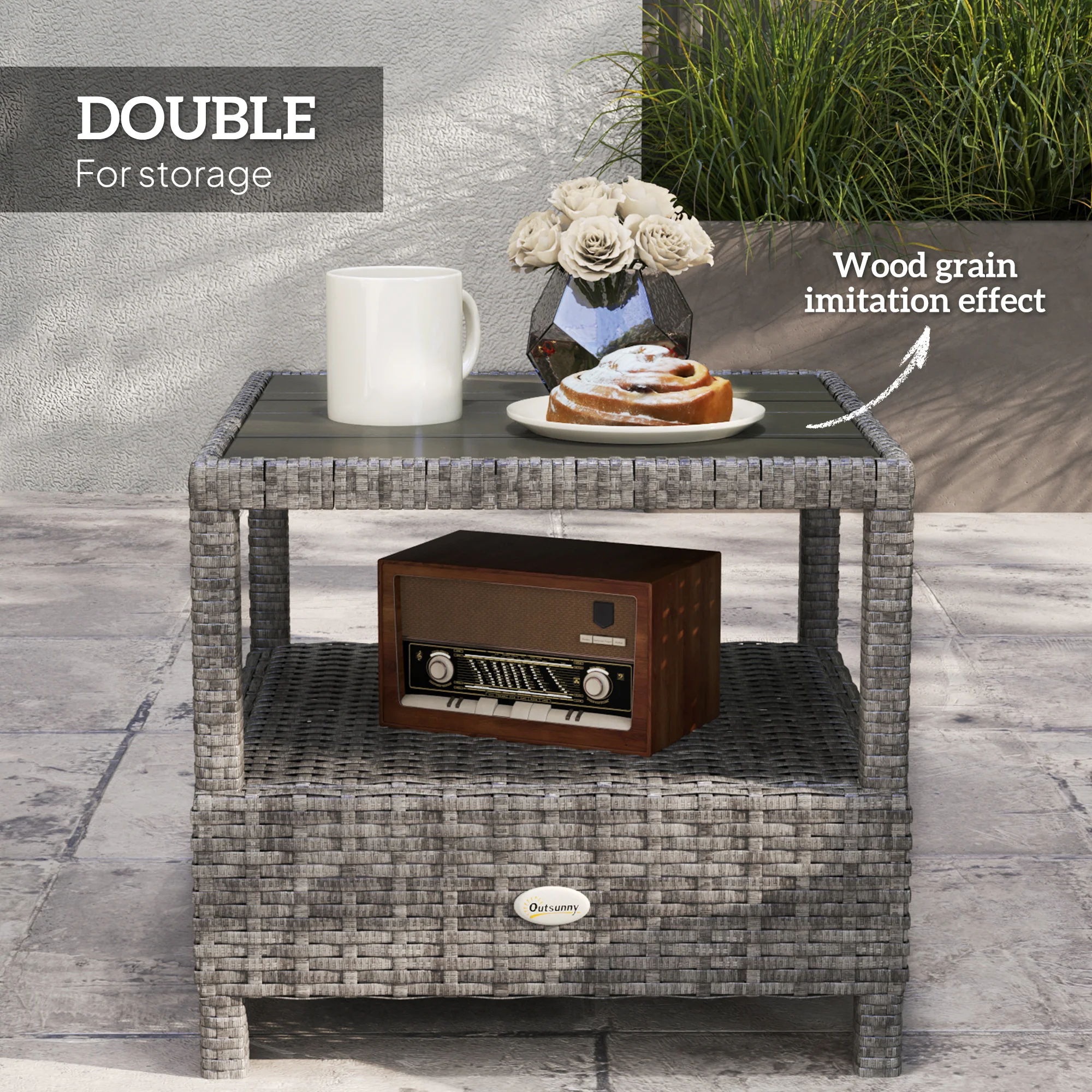 Outsunny 3 Pieces Rattan Bistro Set with Cushions for Outdoor, Grey - Image 6