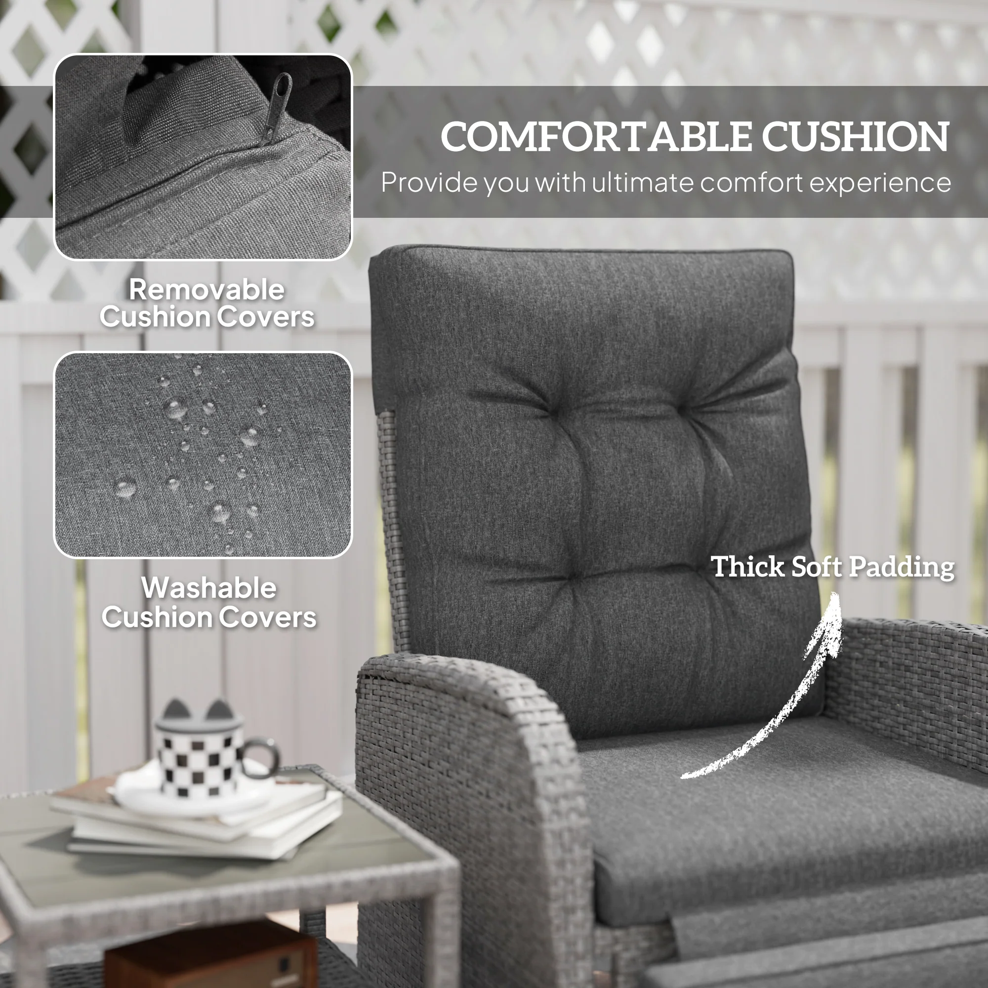 Outsunny 3 Pieces Rattan Bistro Set with Cushions for Outdoor, Grey - Image 7