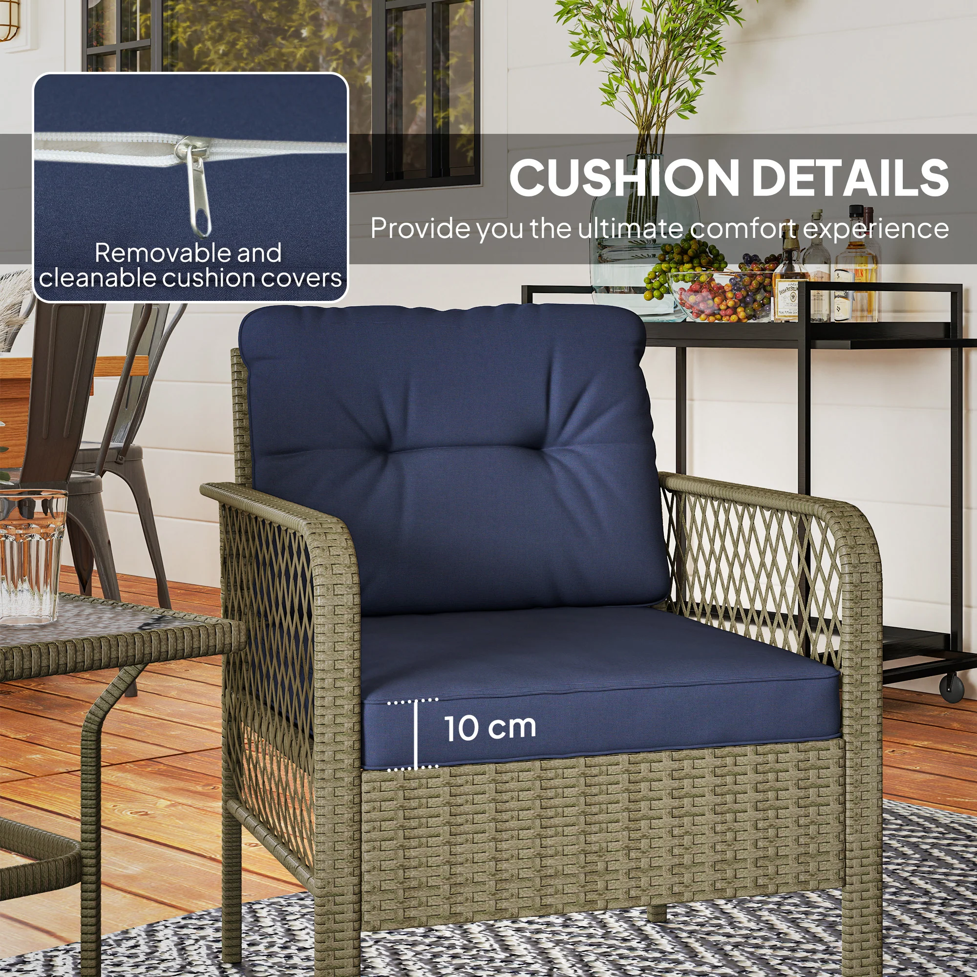 Outsunny 3 Pieces Rattan Bistro Set with Tempered Glass Table Charcoal Grey - Image 6