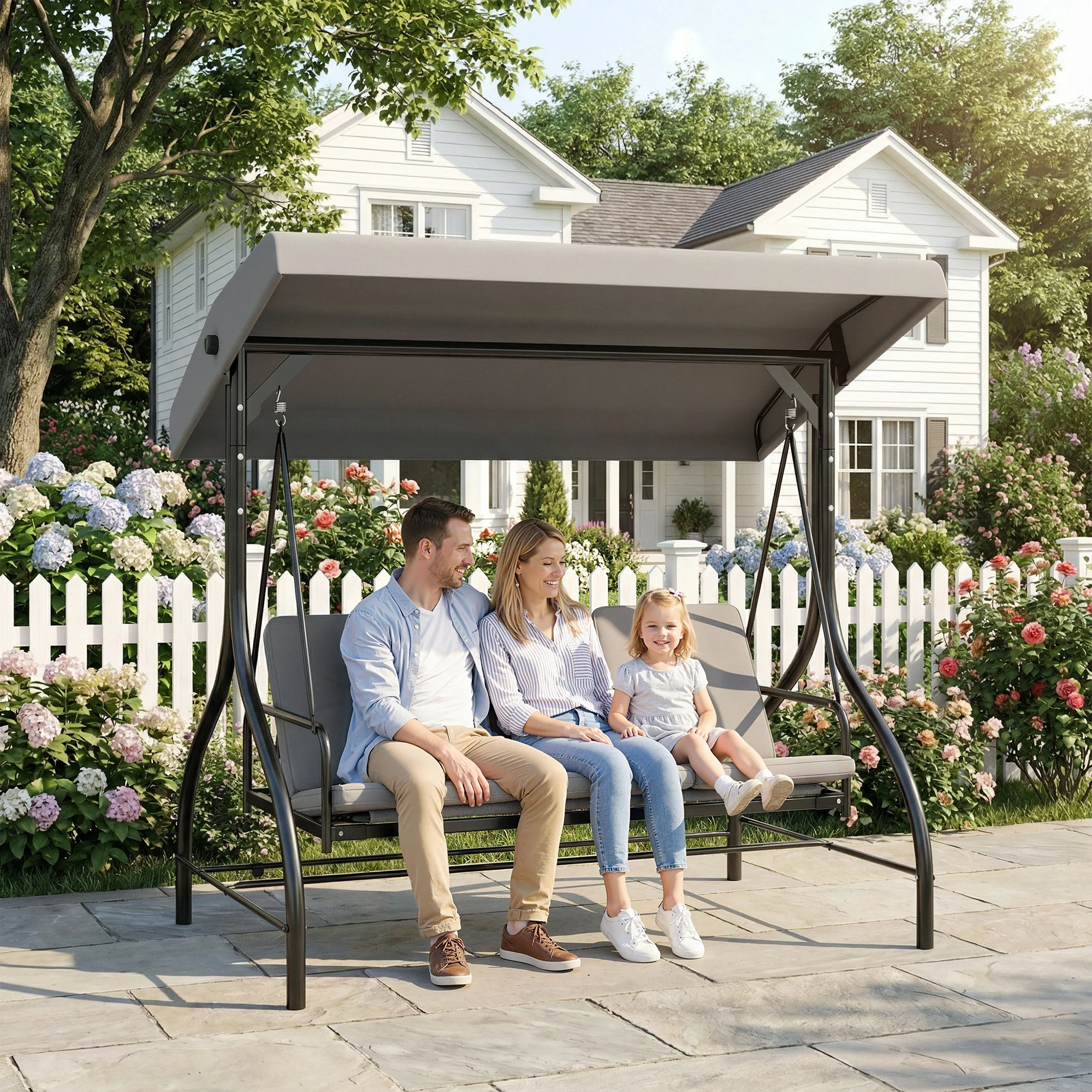 Outsunny 3 Seater Canopy Swing Chair Porch Hammock Bed, Light Grey - Image 2
