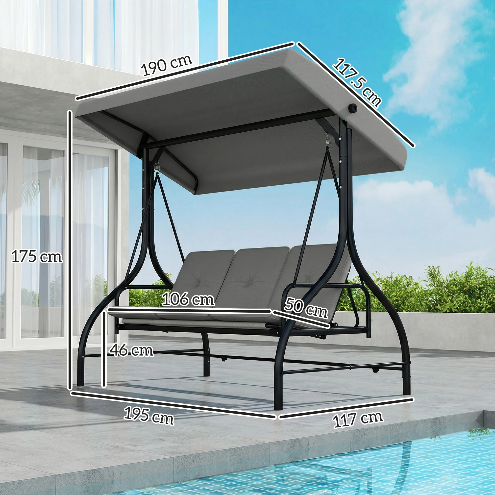 Outsunny 3 Seater Canopy Swing Chair Porch Hammock Bed, Light Grey - Image 3