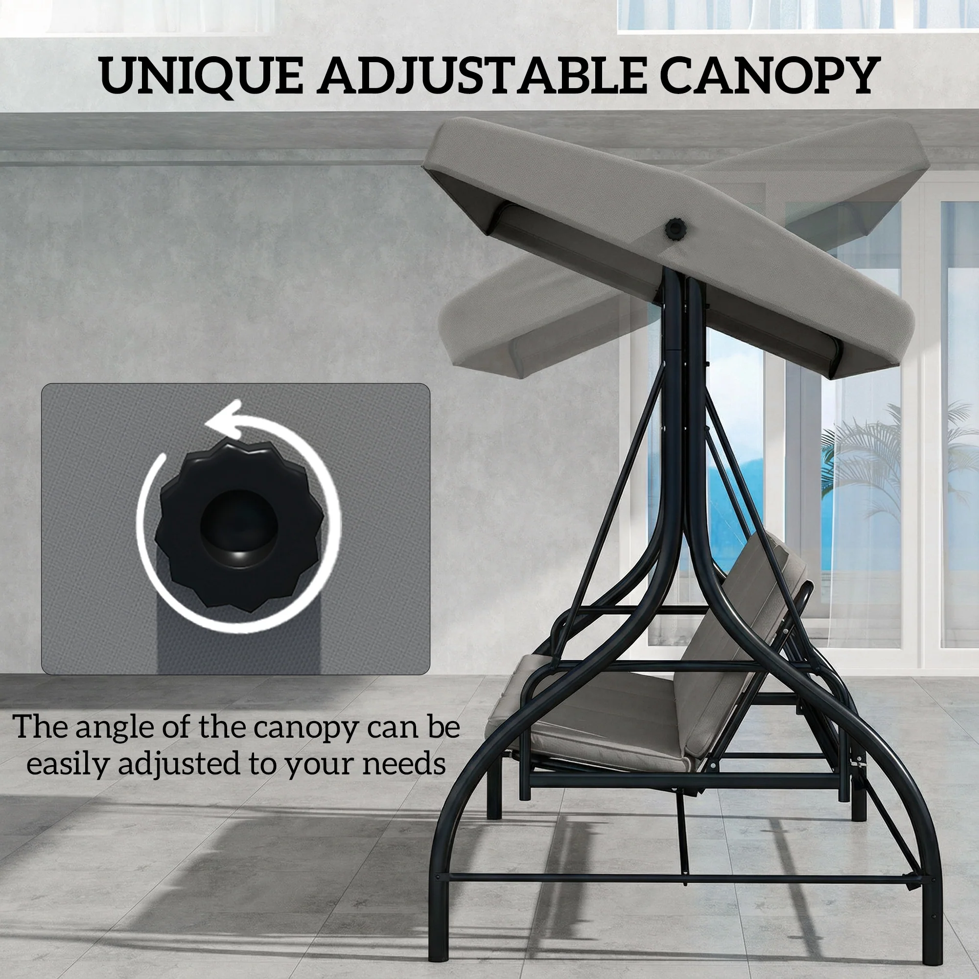Outsunny 3 Seater Canopy Swing Chair Porch Hammock Bed, Light Grey - Image 4