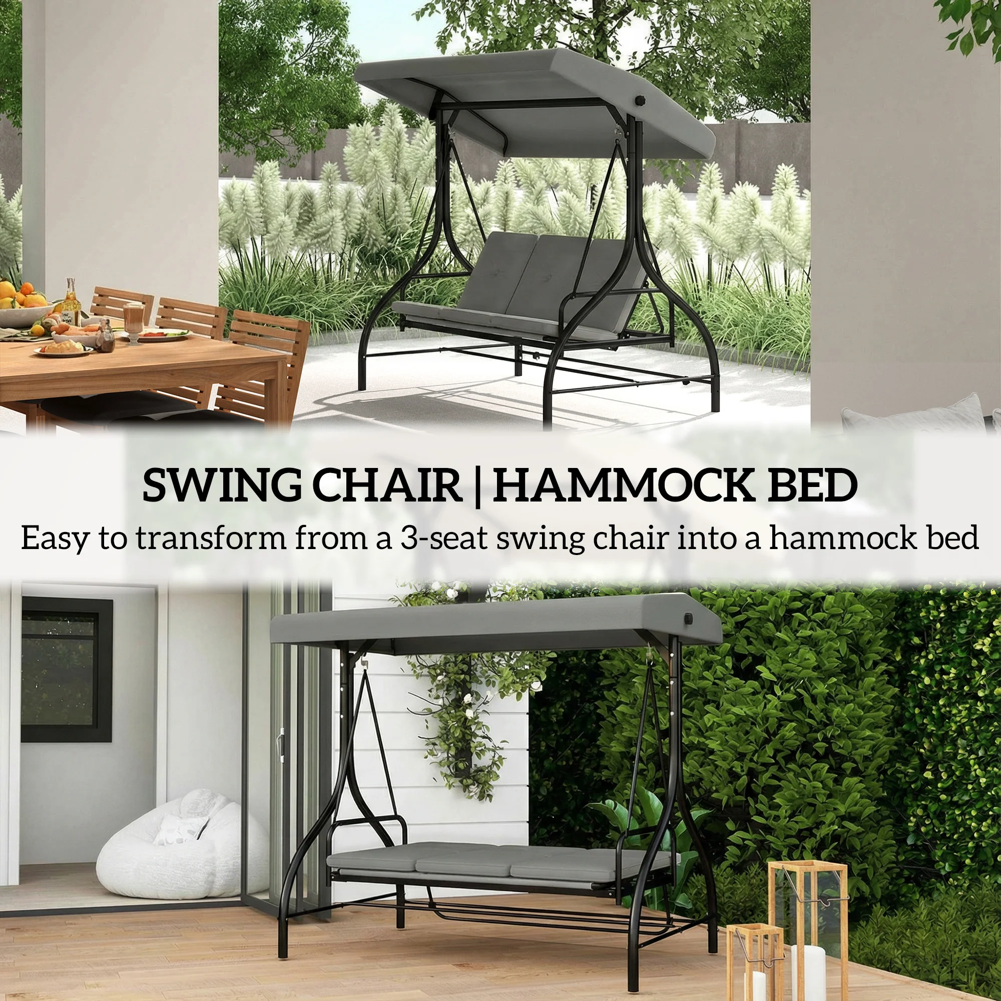 Outsunny 3 Seater Canopy Swing Chair Porch Hammock Bed, Light Grey - Image 5