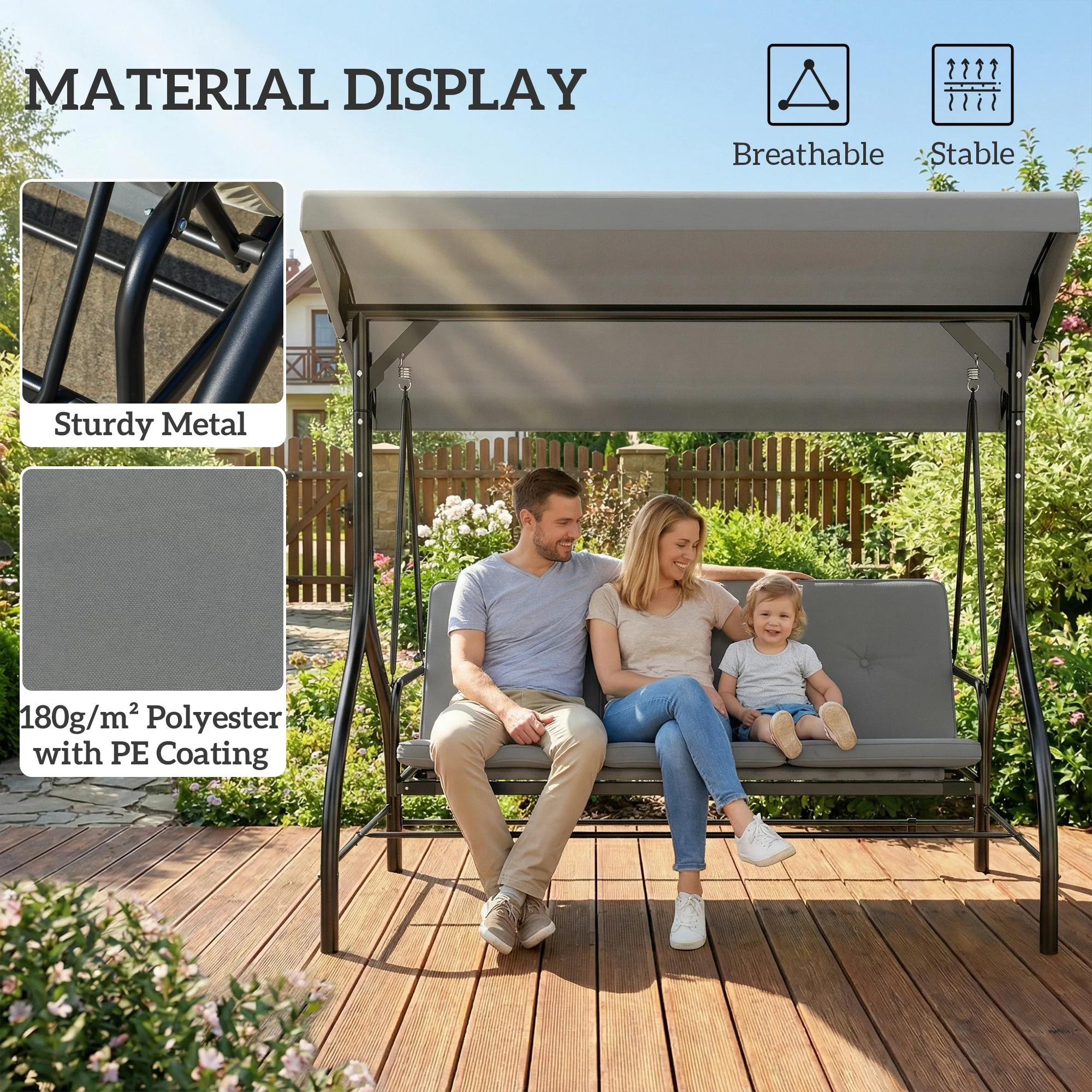 Outsunny 3 Seater Canopy Swing Chair Porch Hammock Bed, Light Grey - Image 7