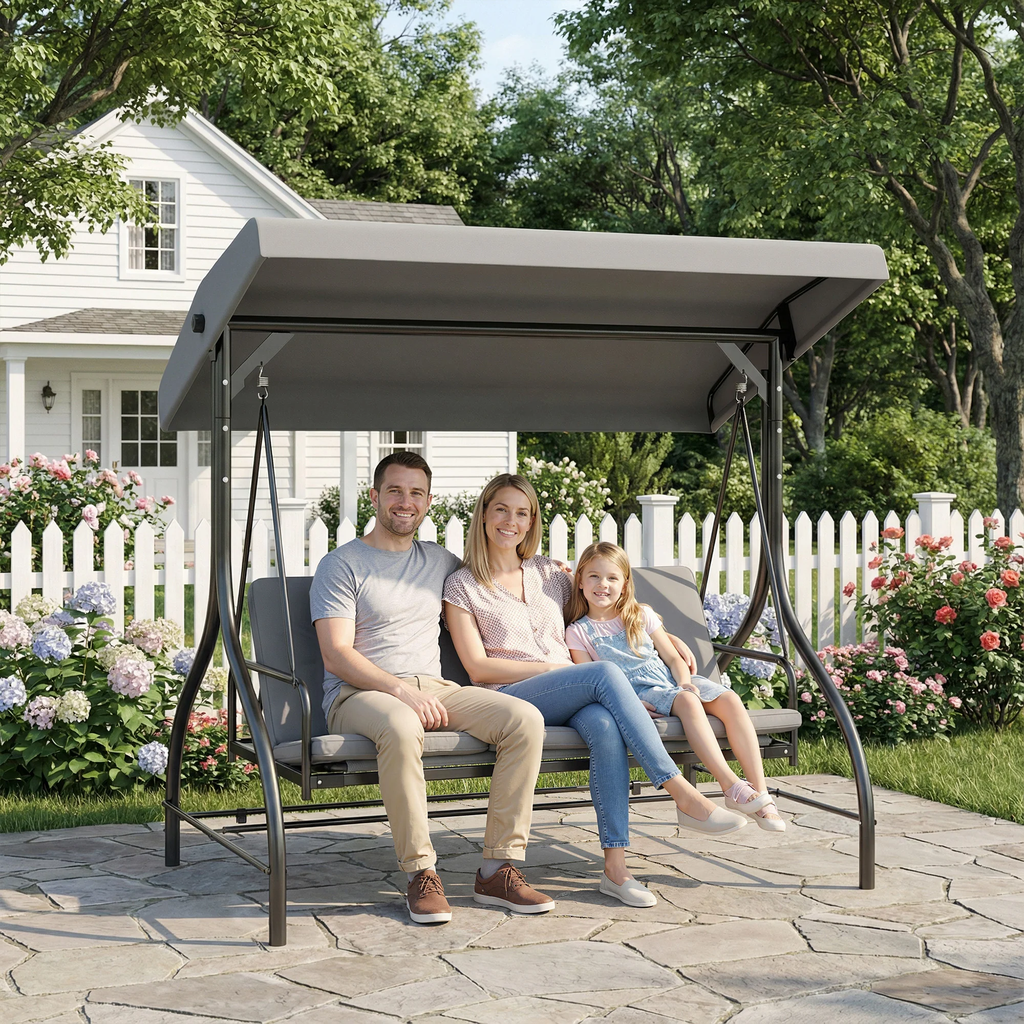 Outsunny 3 Seater Canopy Swing Chair Porch Hammock Bed, Light Grey - Image 8