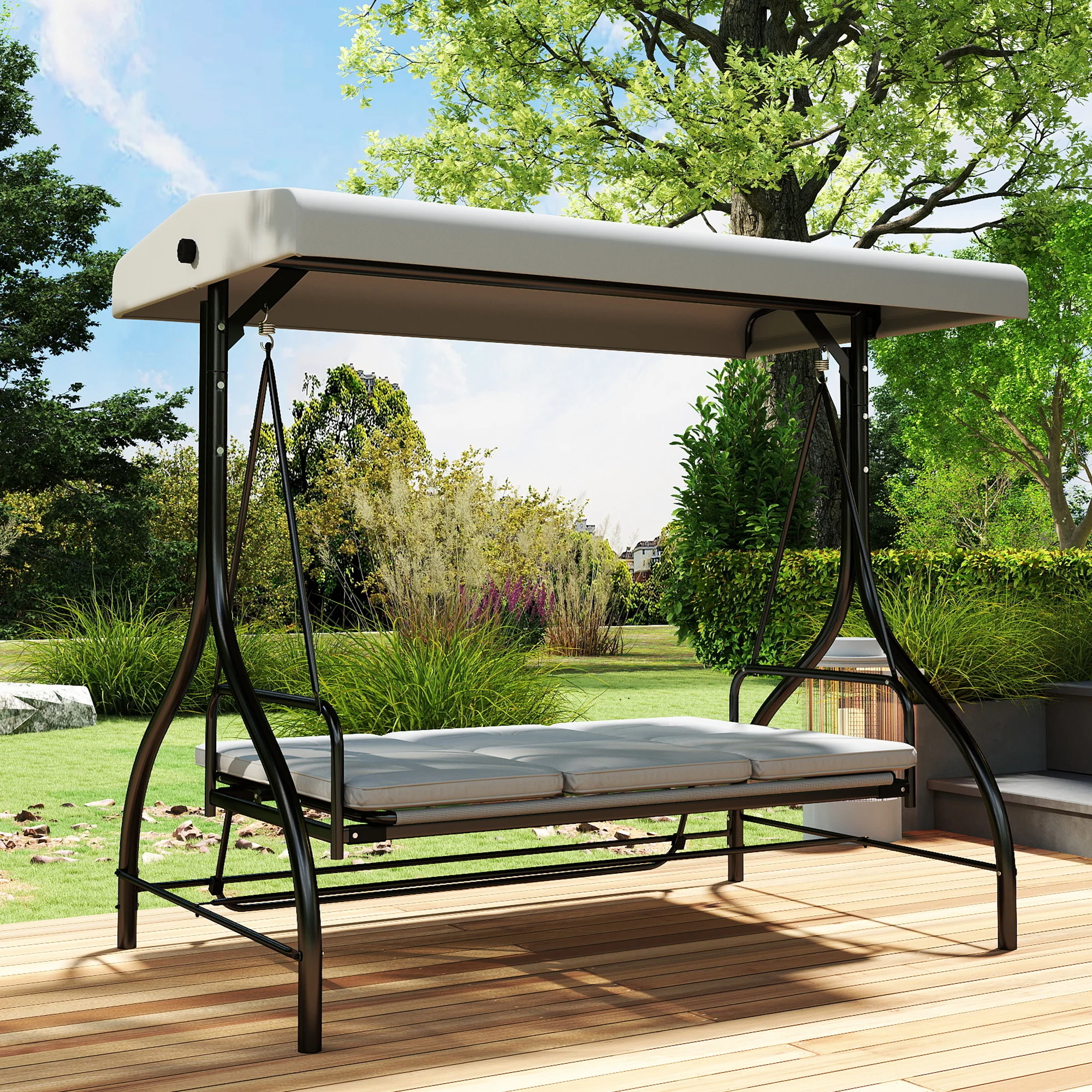 Outsunny 3 Seater Canopy Swing Chair Porch Hammock Bed, Light Grey - Image 9