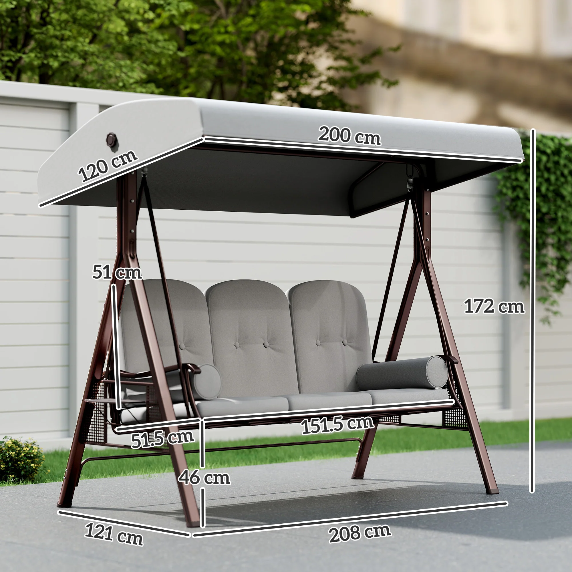 Outsunny 3 Seater Garden Swing Chair, Light Grey - Image 3