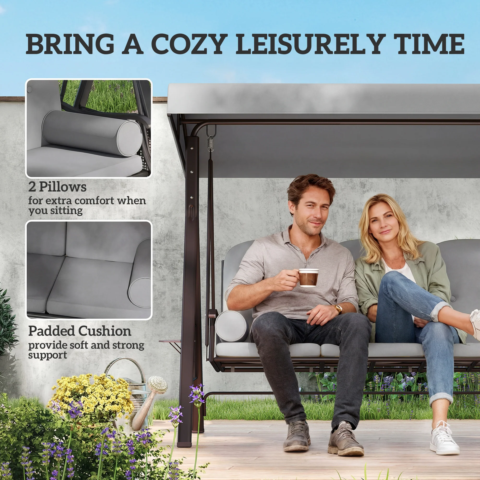 Outsunny 3 Seater Garden Swing Chair, Light Grey - Image 6