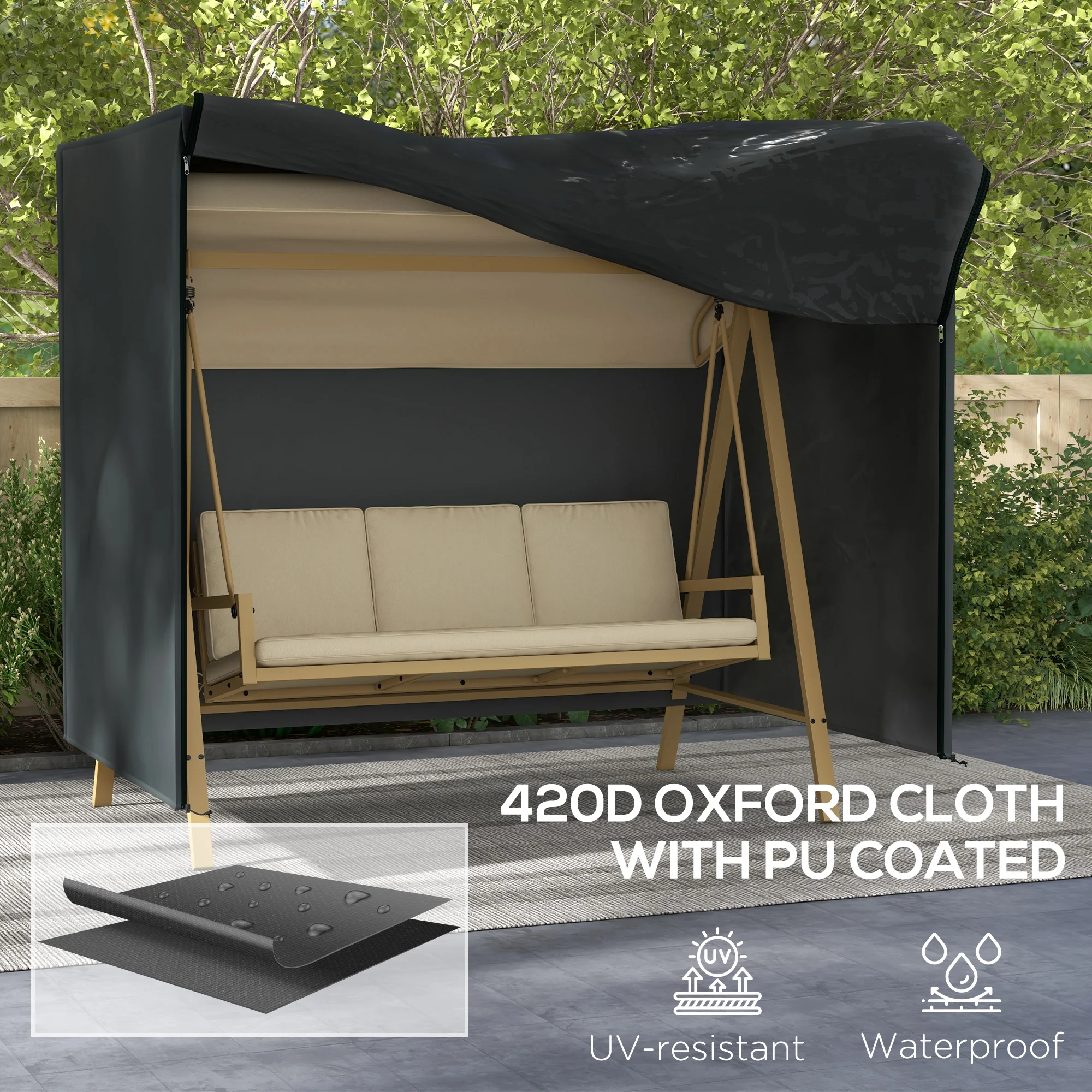 Outsunny 3 Seater Garden Swing Cover, Windproof and Anti-UV, Black - Image 4