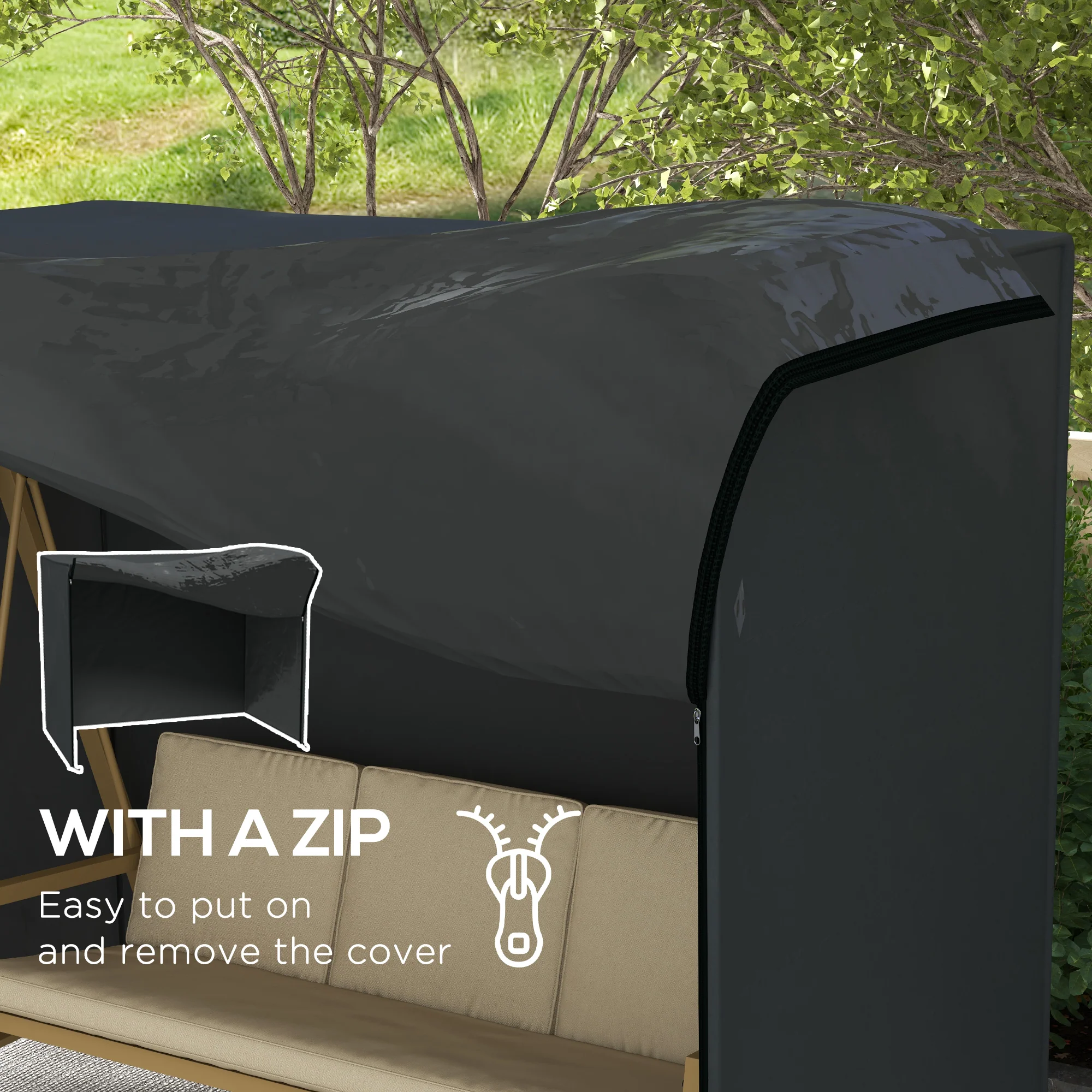 Outsunny 3 Seater Garden Swing Cover, Windproof and Anti-UV, Black - Image 7