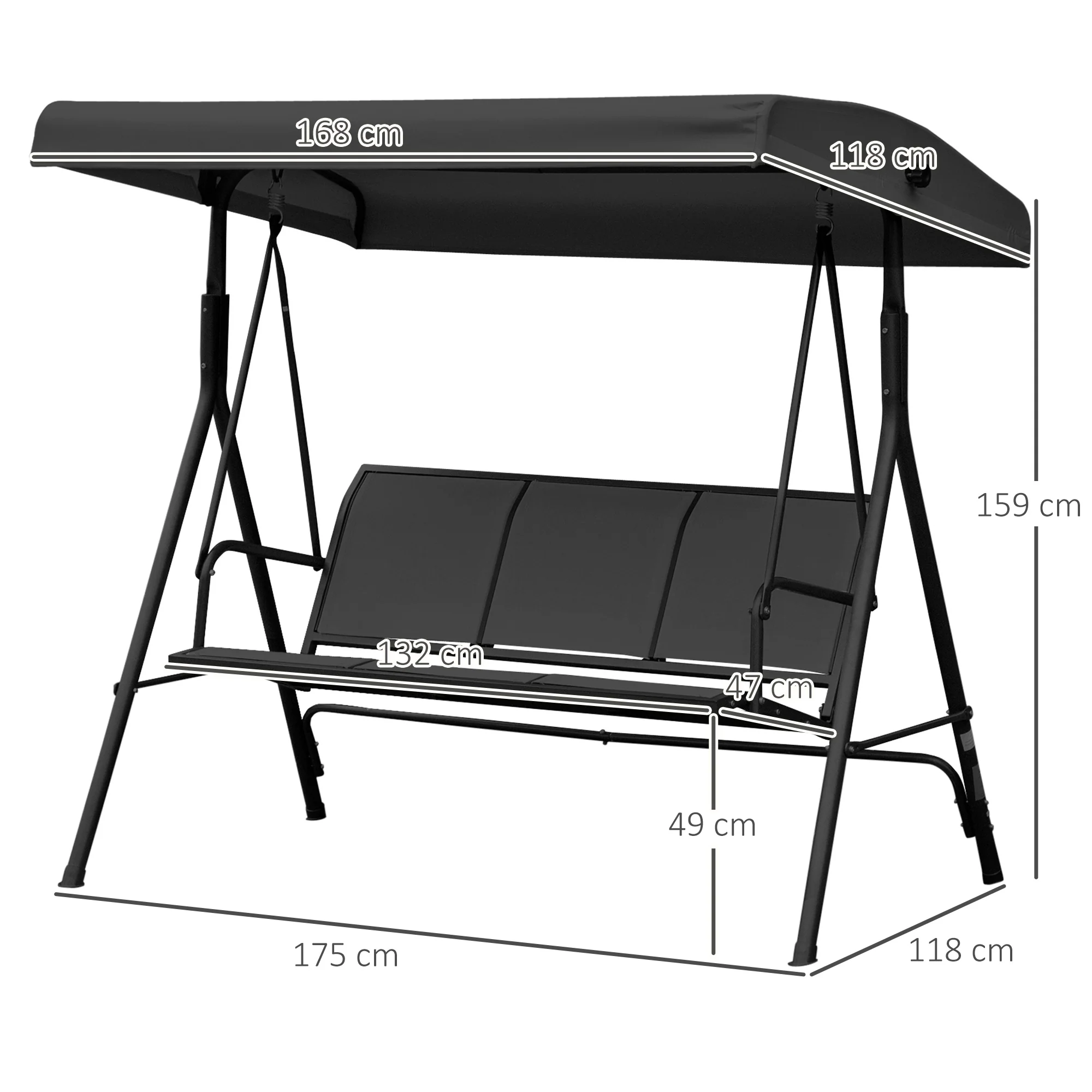 Outsunny 3 Seater Garden Swing Patio Hammock w/ Canopy for Outdoor Black - Image 5