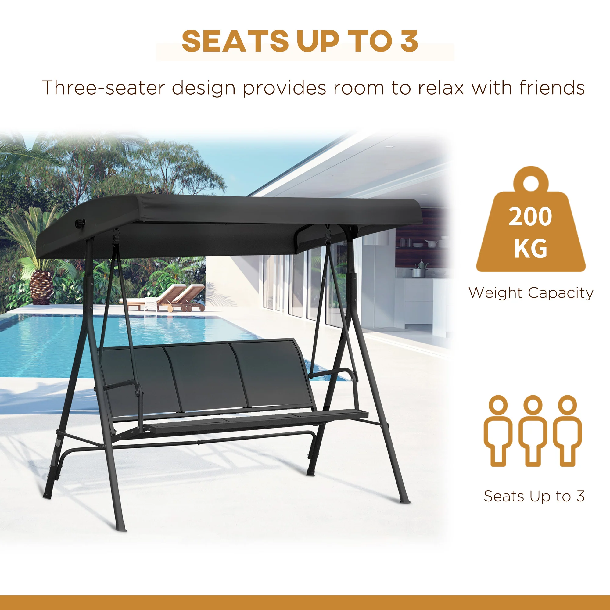 Outsunny 3 Seater Garden Swing Patio Hammock w/ Canopy for Outdoor Black - Image 6