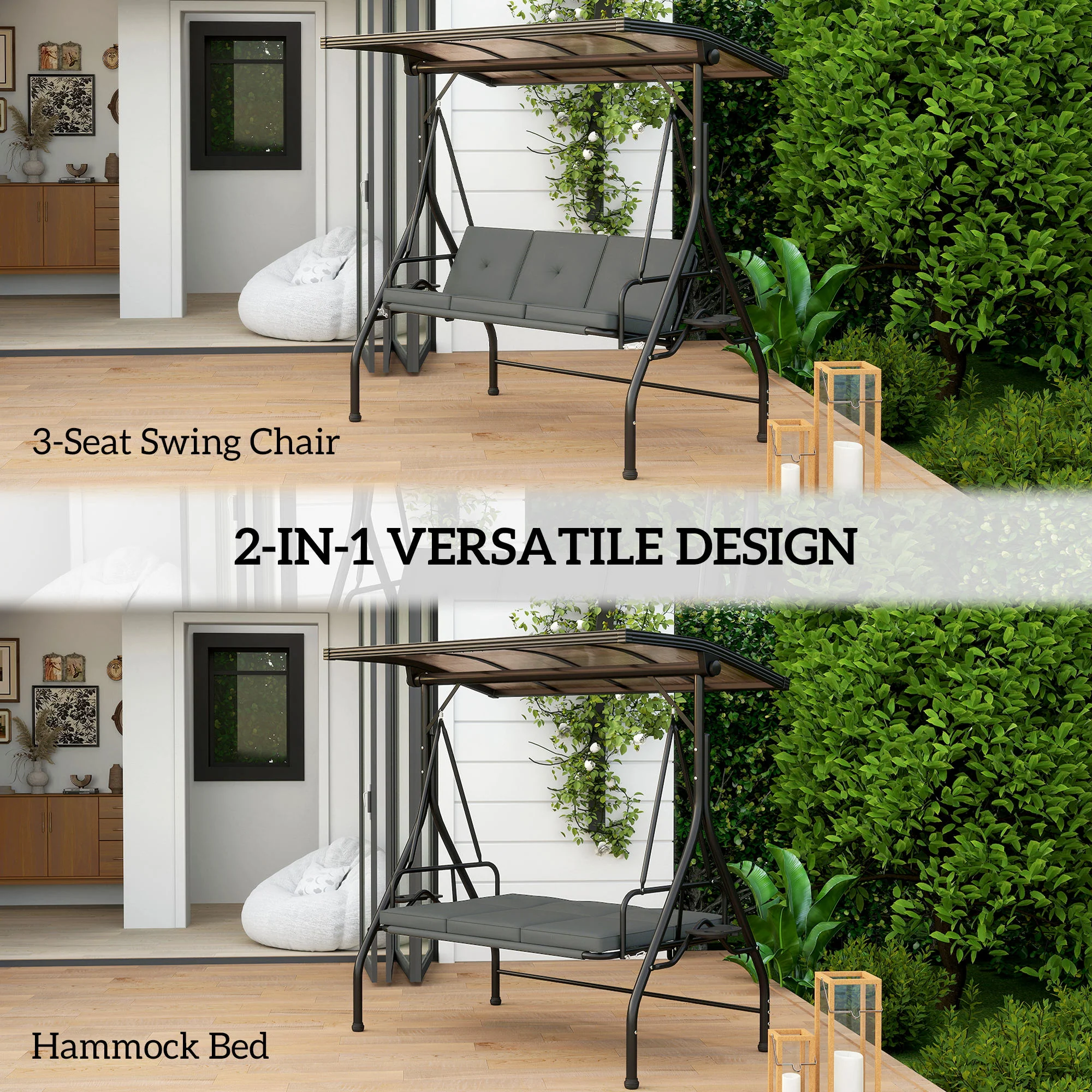 Outsunny 3 Seater Garden Swing Seat Bed, Convertible Swing Chair - Image 12