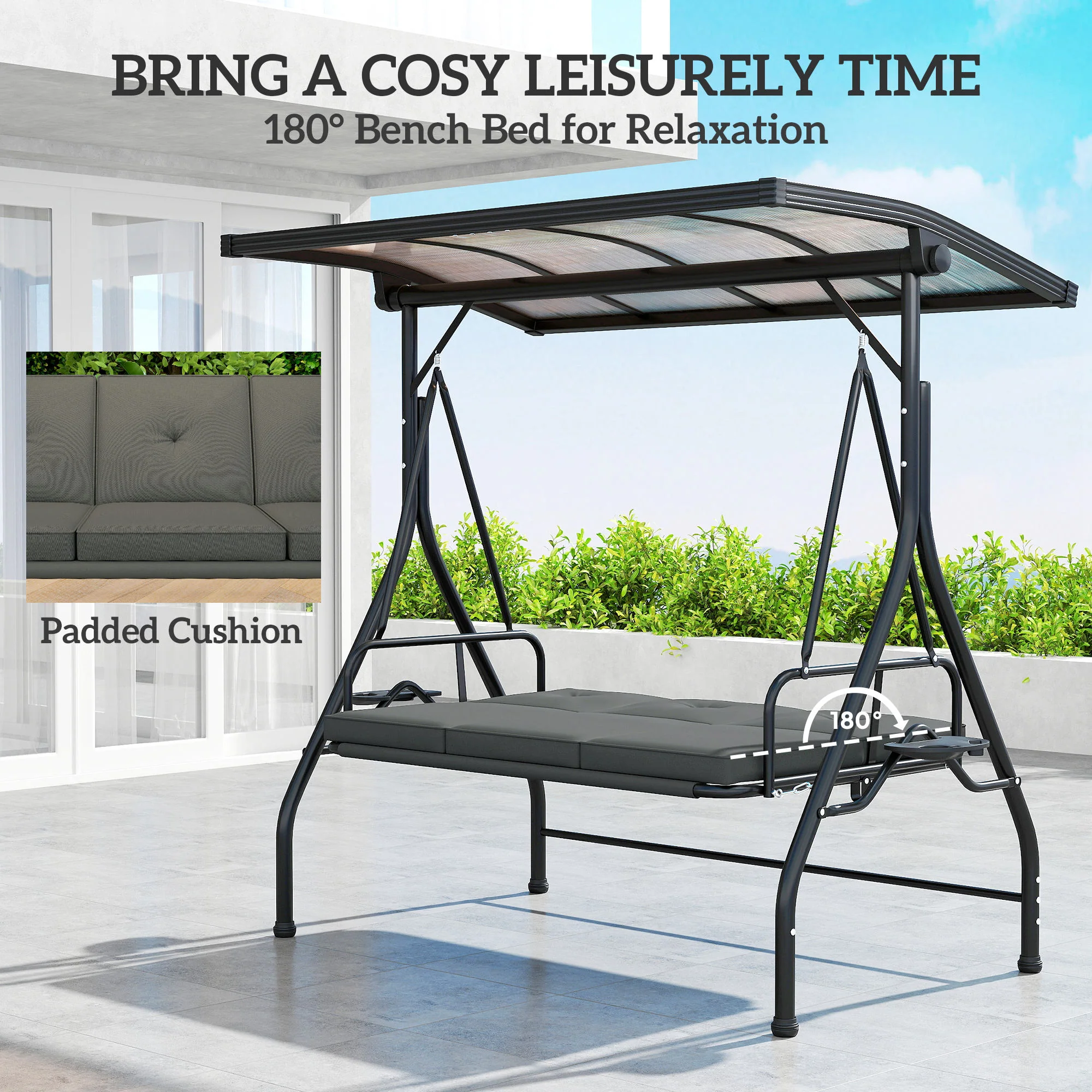 Outsunny 3 Seater Garden Swing Seat Bed, Convertible Swing Chair - Image 15
