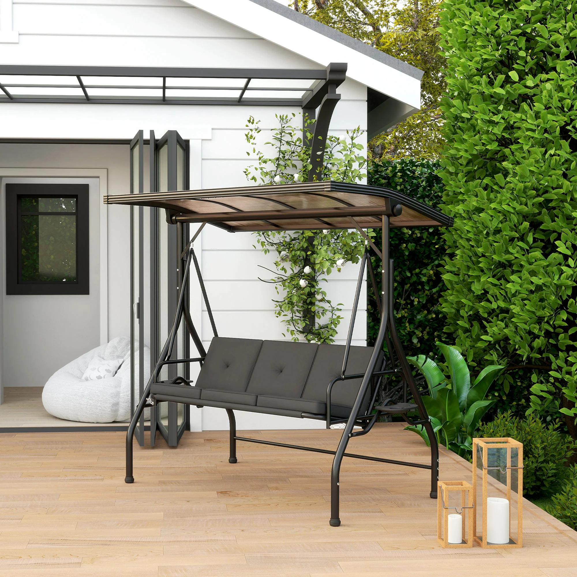 Outsunny 3 Seater Garden Swing Seat Bed, Convertible Swing Chair - Image 2