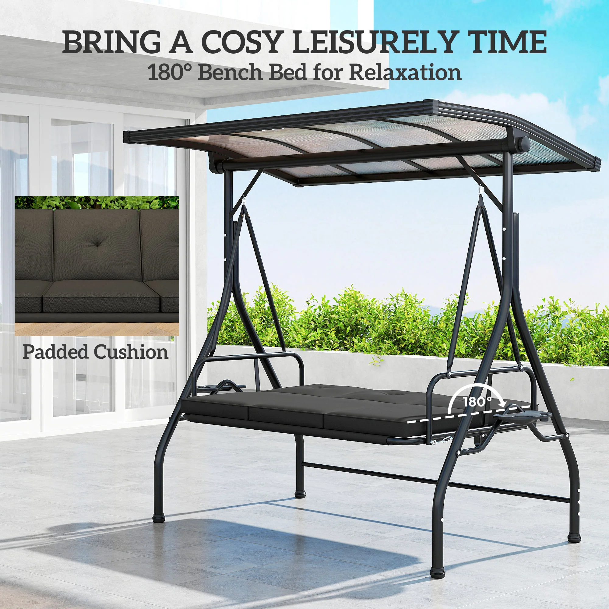 Outsunny 3 Seater Garden Swing Seat Bed, Convertible Swing Chair - Image 6