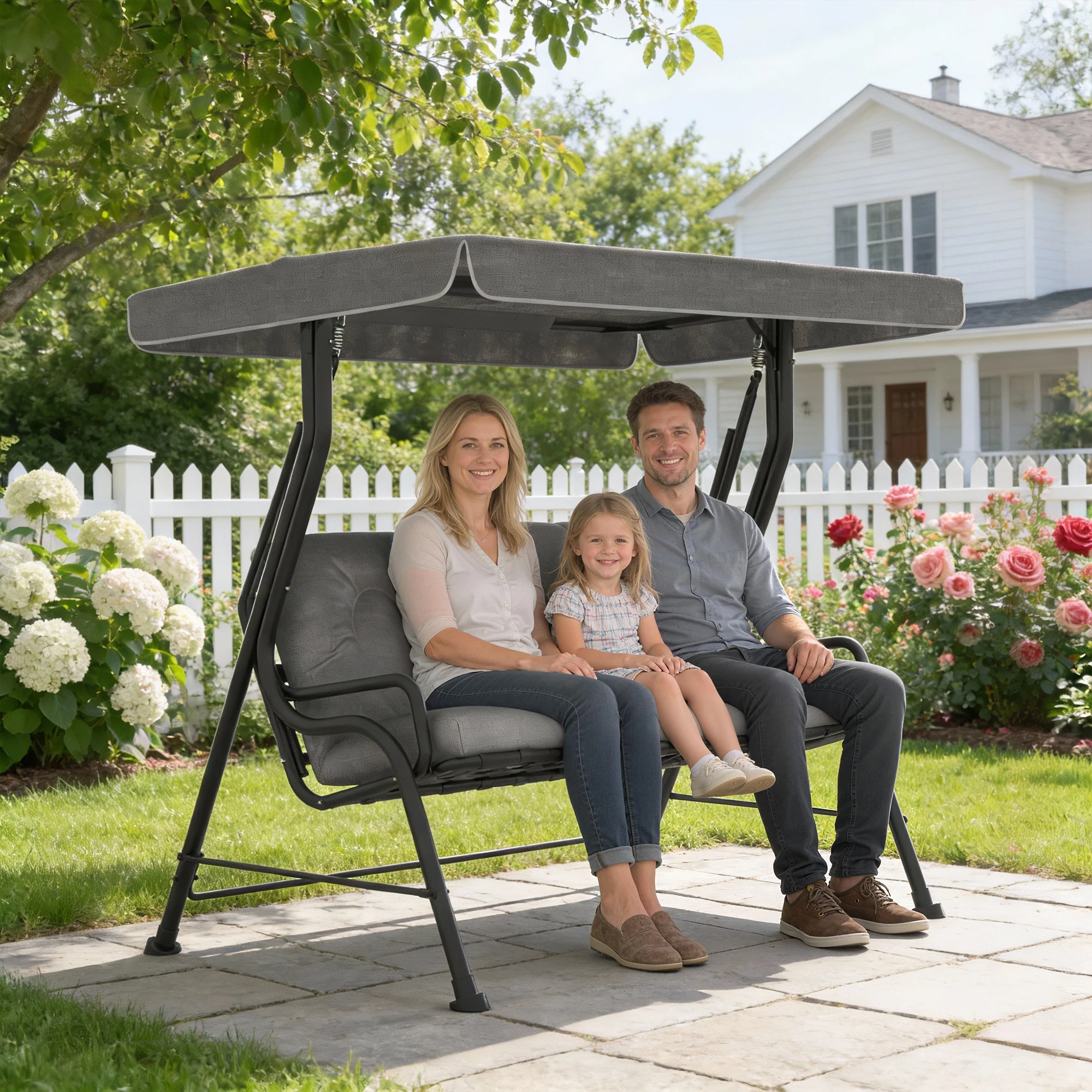 Outsunny 3-Seater Garden Swing Seat, Outdoor Swing Chair with Canopy, Grey - Image 2