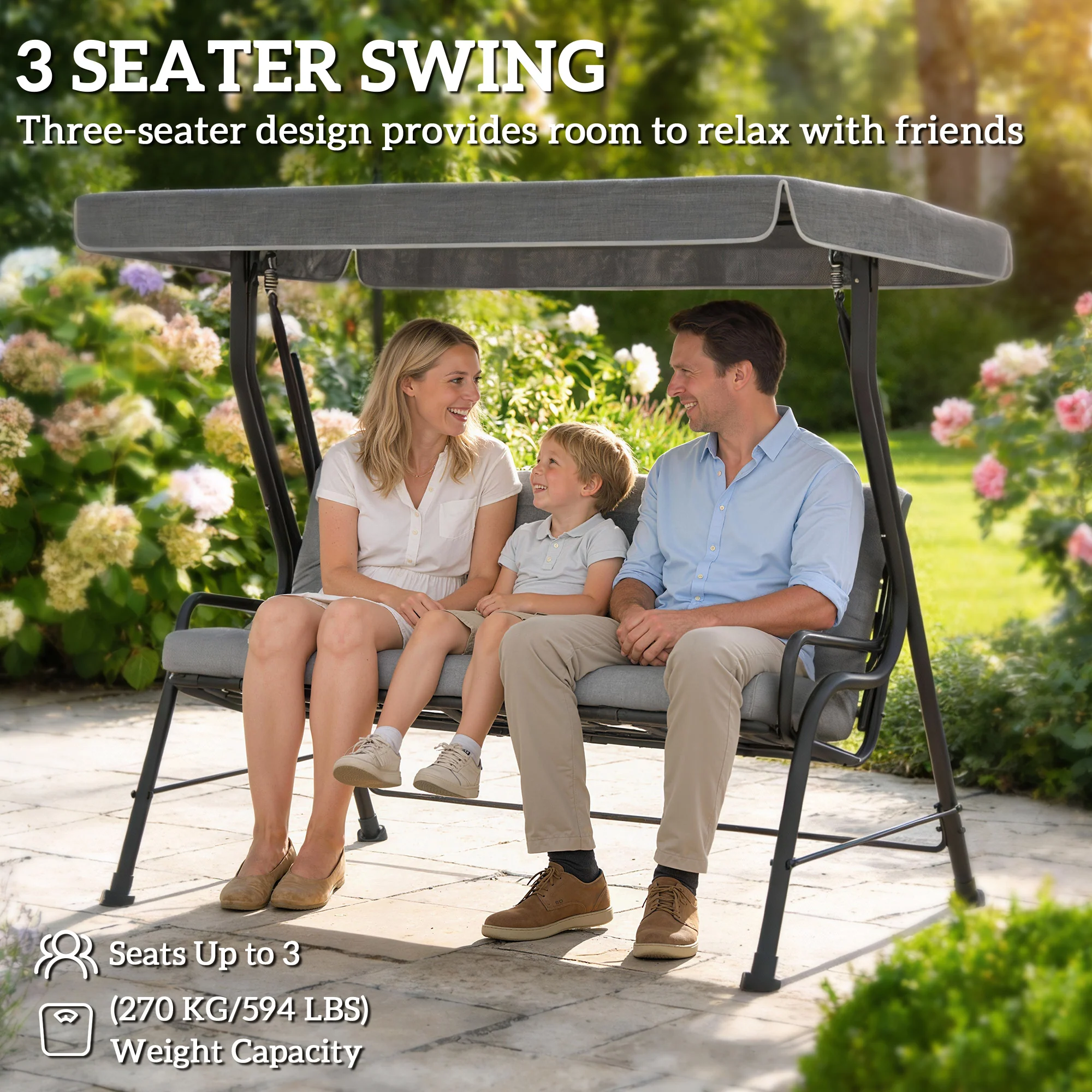 Outsunny 3-Seater Garden Swing Seat, Outdoor Swing Chair with Canopy, Grey - Image 6