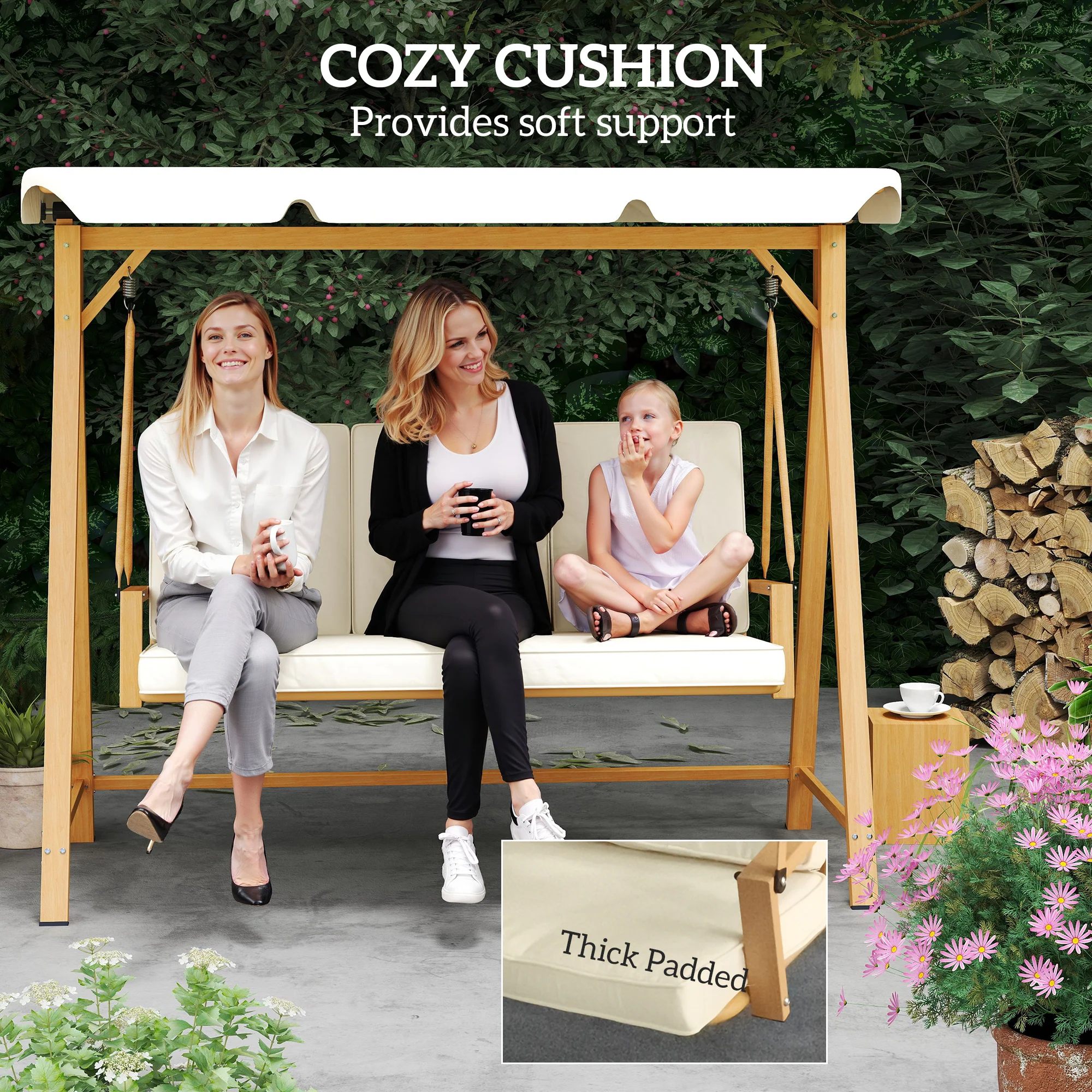 Outsunny 3 Seater Garden Swing Seat With Adjustable Canopy And Cushion - Image 4