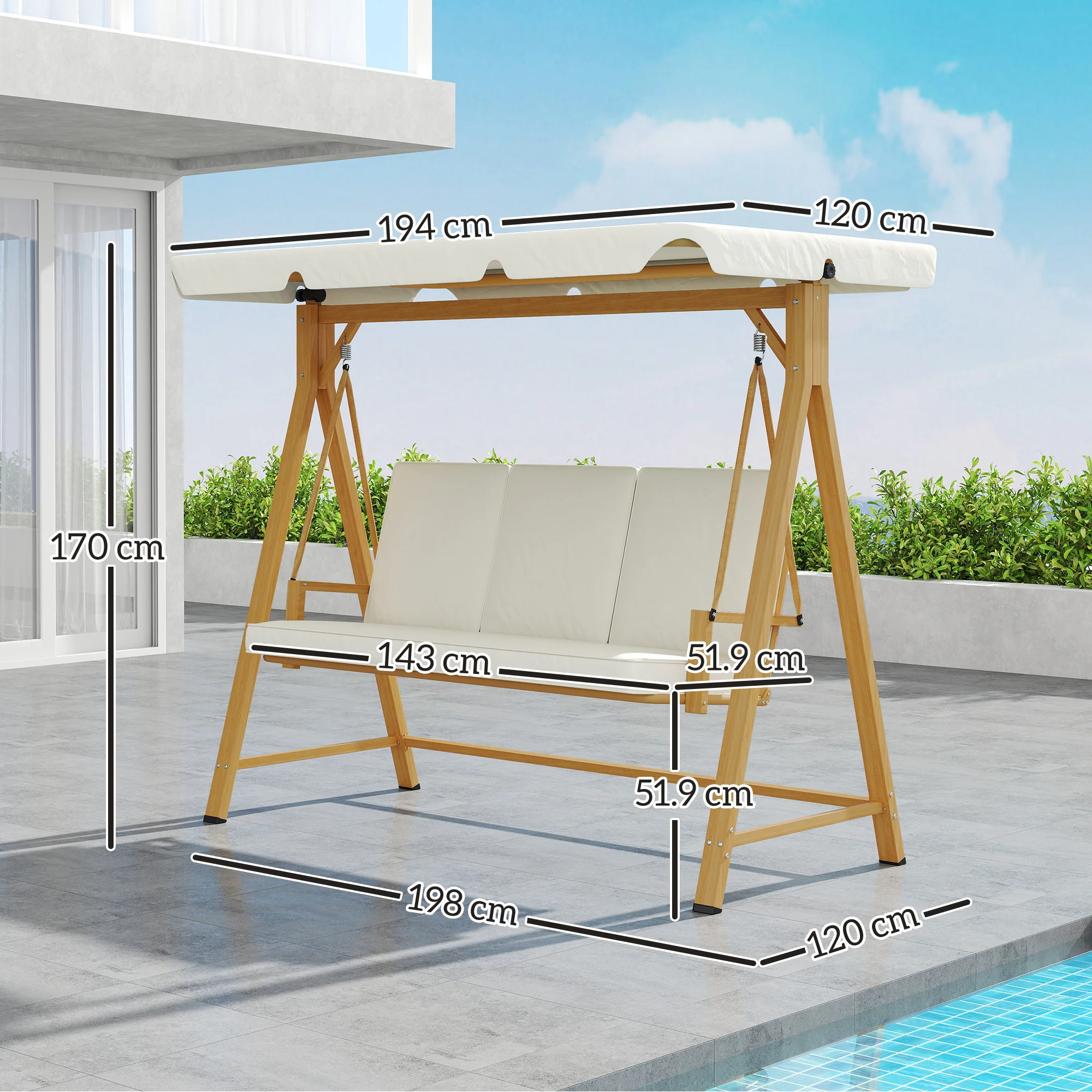 Outsunny 3 Seater Garden Swing Seat With Adjustable Canopy And Cushion - Image 5