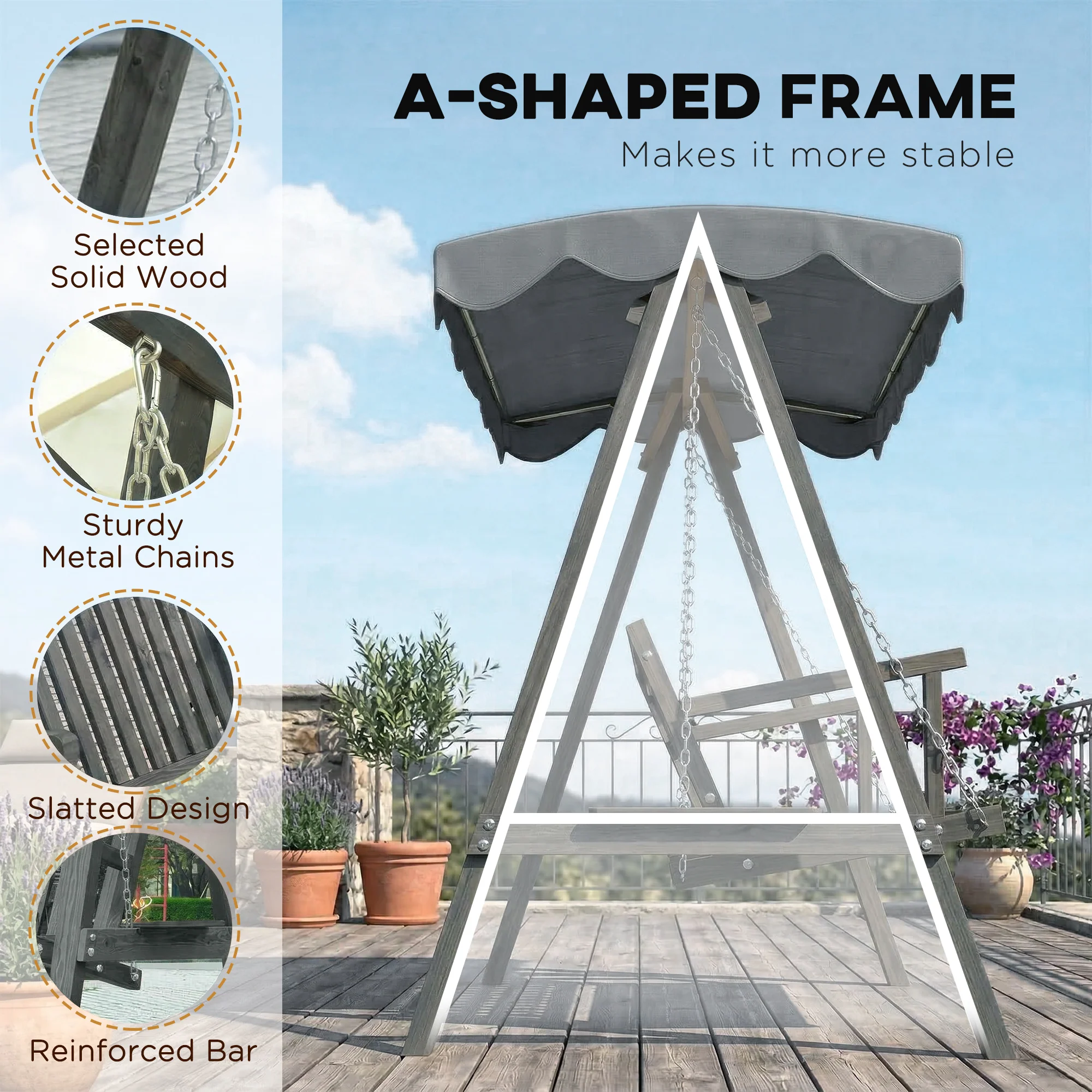 Outsunny 3 Seater Garden Swing Seat with Canopy, Outdoor Hammock Bench, Grey - Image 4