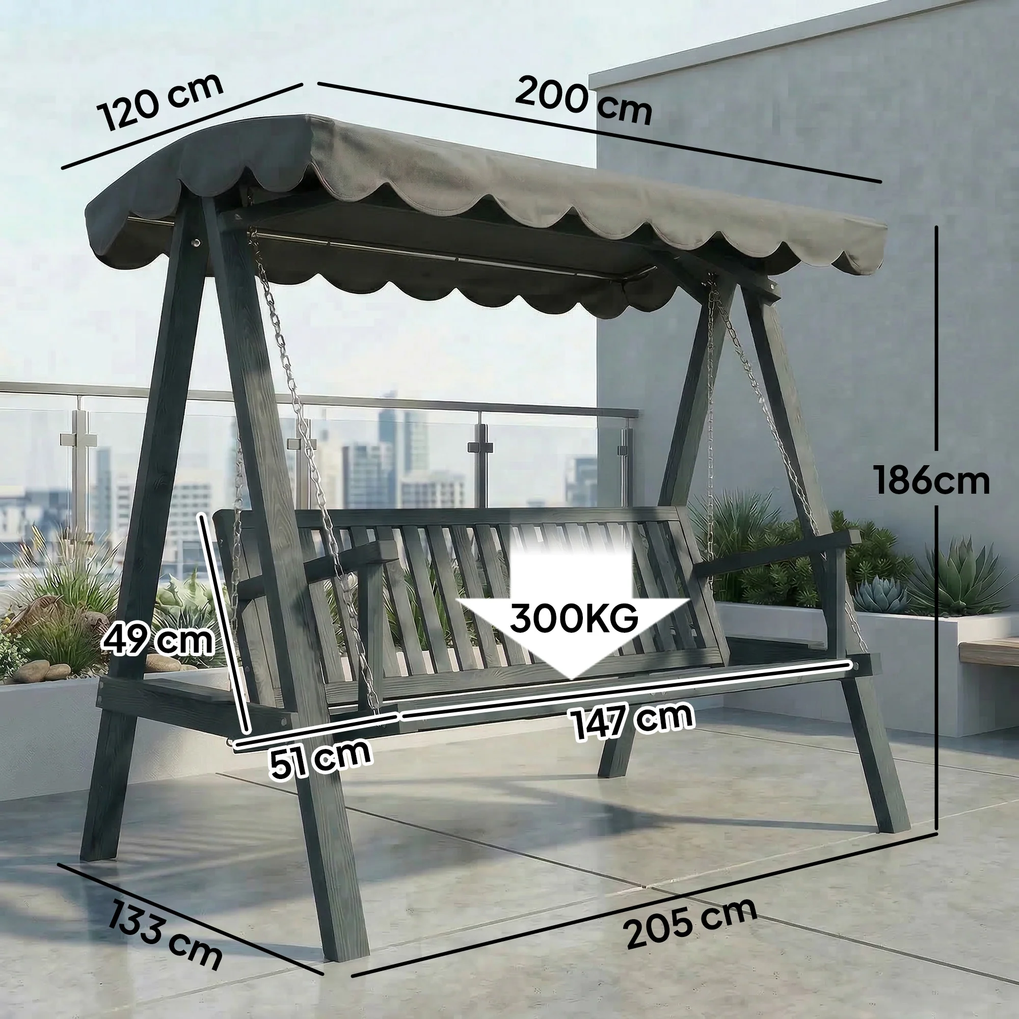 Outsunny 3 Seater Garden Swing Seat with Canopy, Outdoor Hammock Bench, Grey - Image 5