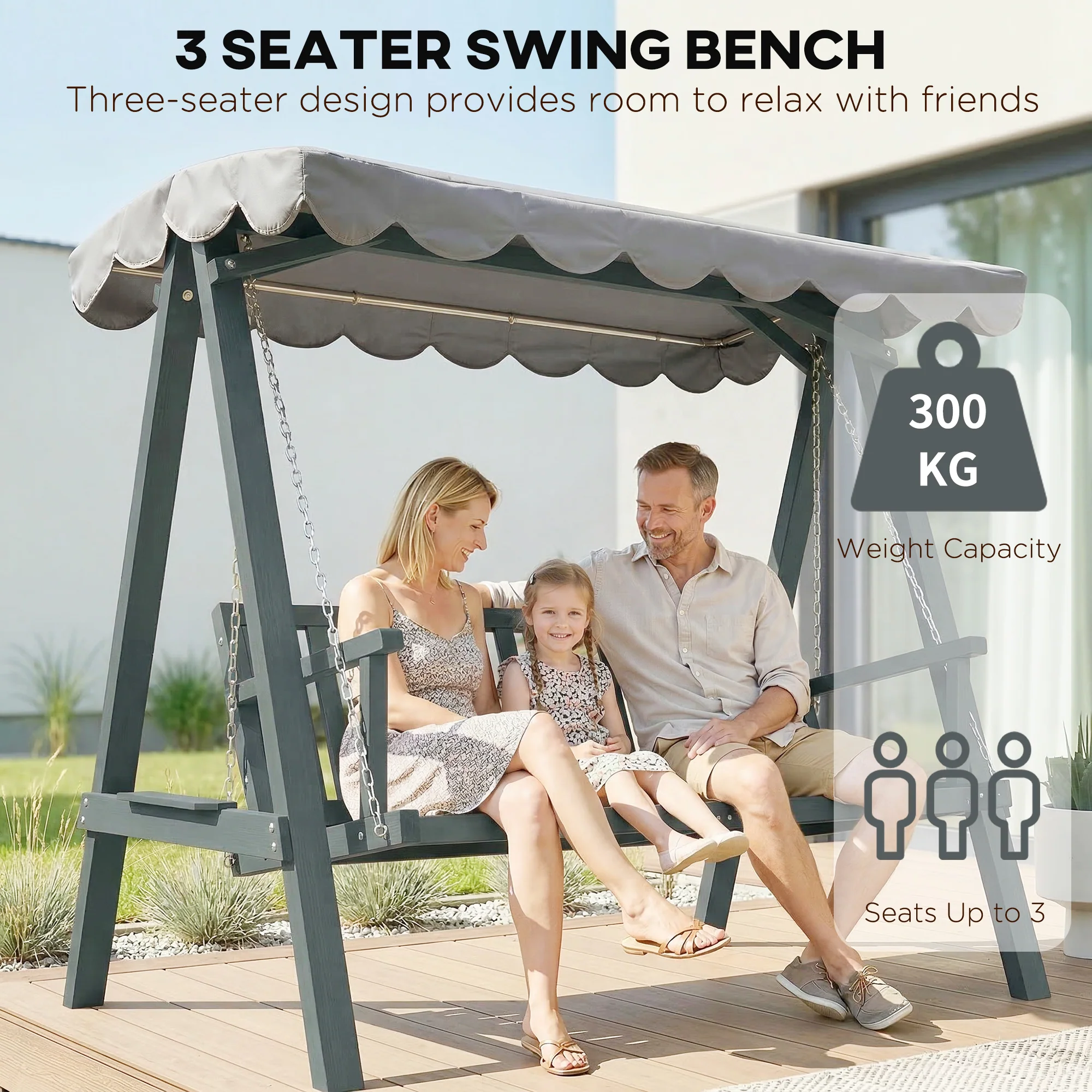 Outsunny 3 Seater Garden Swing Seat with Canopy, Outdoor Hammock Bench, Grey - Image 6